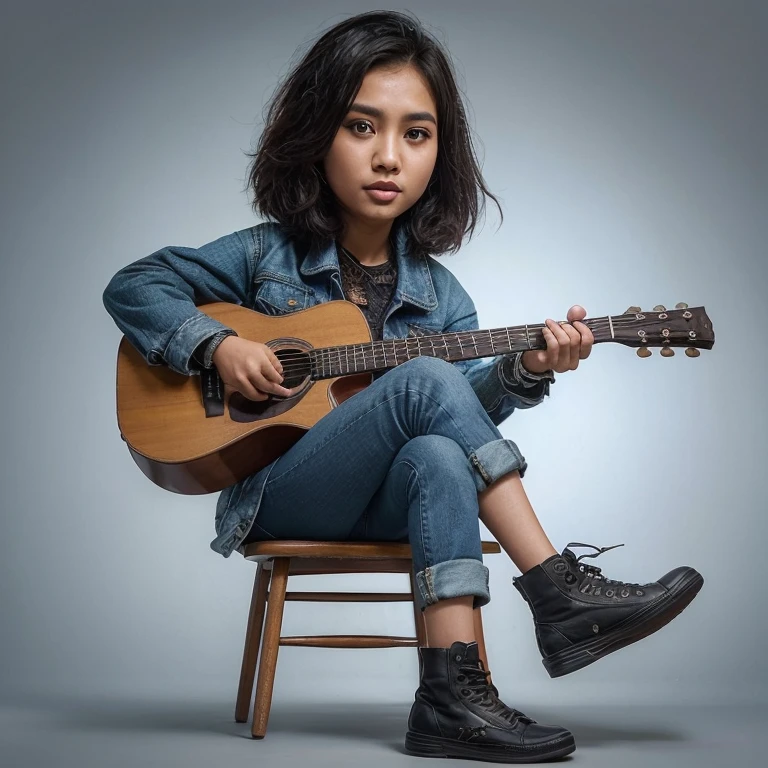 karikatur realistik, seorang wanita Indonesia 25 tahun, pakai jaket jeans, celana jeans, sepatu, sedang duduk di kursi sambil bermain gitar, latar belakang abu abu gradasi, sangat detil, HD