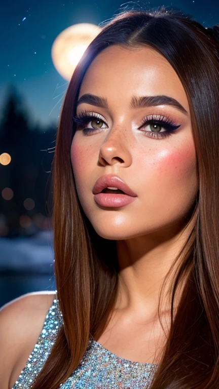 A gorgeous girl, night, full moon outstanding scene, starry night, hyper realistic skin texture, vivid,