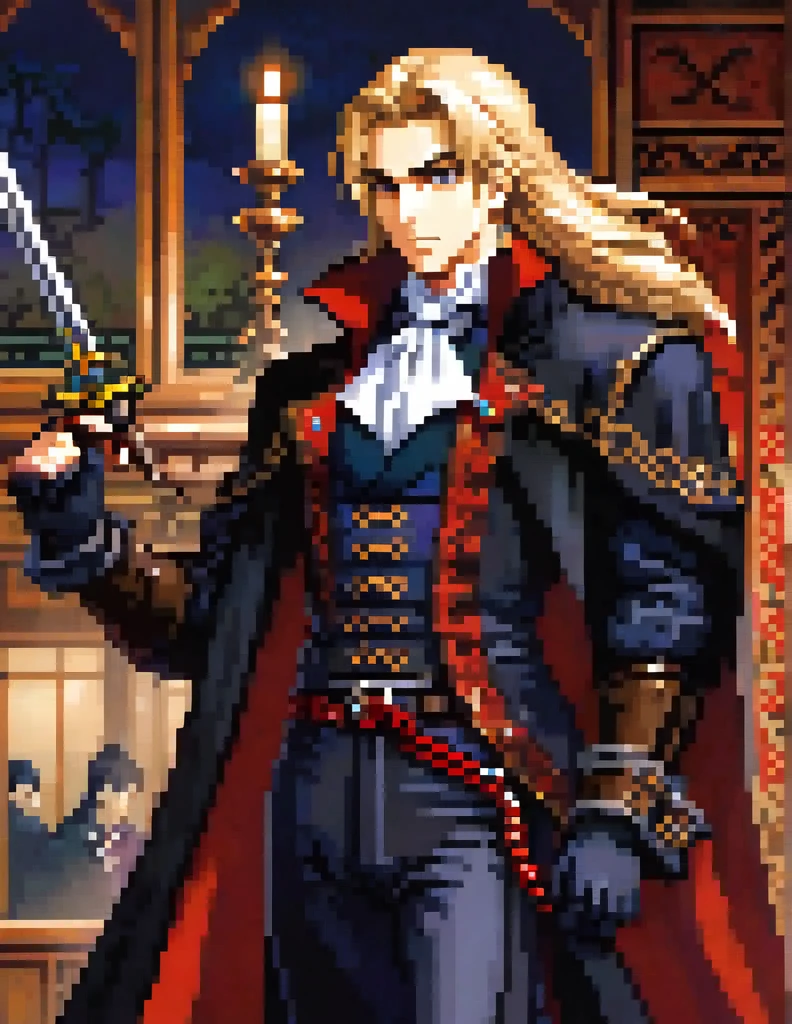 Prompt: 

Generate an image frames running to the right, of a physically young man with long blond hair. His most recurring attire is from Castlevania: Symphony of the Night, which, according to the game's setting, consists of 18th-century-style clothing. He wears a black jacket with side seams held together by four square brooches running vertically down, along with a belt. Around his neck, he wears a large white cravat. Over the jacket, he dons a long overcoat with a decorative pattern.

In addition to his clothing, he also wears a cape resembling that of Bela Lugosi. The weapon he commonly wields is the Sword, a family heirloom from his mother.

Create the image in a Bishōnen artistic style.