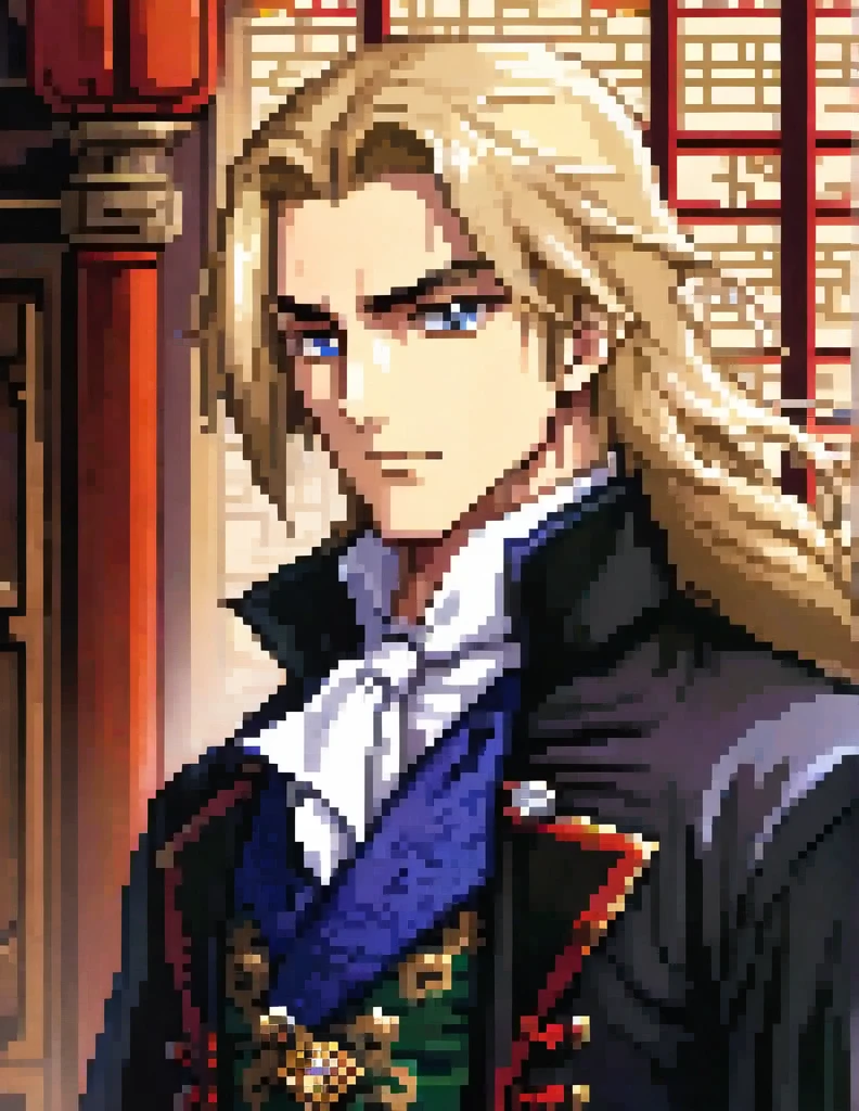 Prompt:
Generate an image frames running to the right, of a physically young man with long blond hair. His most recurring attire is from Castlevania: Symphony of the Night, which, according to the game's setting, consists of 18th-century-style clothing. He wears a black jacket with side seams held together by four square brooches running vertically down, along with a belt. Around his neck, he wears a large white cravat. Over the jacket, he dons a long overcoat with a decorative pattern.
In addition to his clothing, he also wears a cape resembling that of Bela Lugosi. The weapon he commonly wields is the Sword, a family heirloom from his mother.
Create the image in a Bishōnen artistic style.