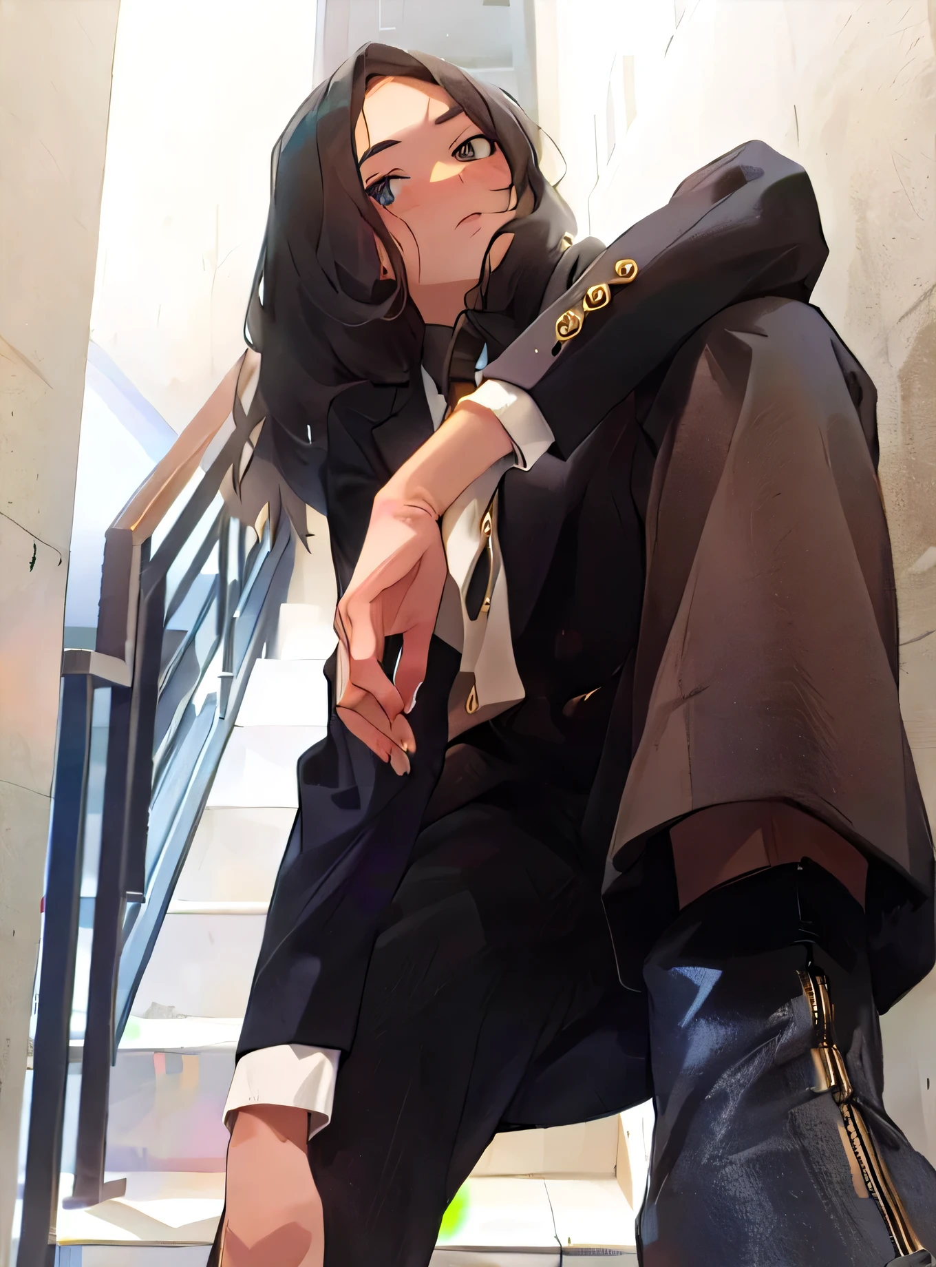 there is a woman sitting on the stairs of a building, wearing business suit, wearing a worn out suit, wearing a business suit, business attire, girl in suit, wearing black business suit, profile shot, girl in a suit, in a business suit, androgynous person, wearing boots, wearing a black noble suit, androgynous, clear face, detail face