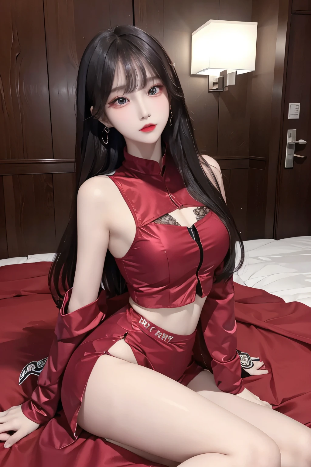 Top image quality、Raw photography、A high resolution、20-year-old cool Korean、big round chest、silk jacket、sexy red lace underwear、Beautiful Eyes of Details、very elongated eyes、Beautiful eyelashes、Beautiful double eyelids、eyeshadows、long legs,medium thighs, beautiful eyes finely detailed、elongated eyes、long eyeslashes、Beautiful double eyelids、eyeshadows、earrings、shiny skin、 1 girl, solo, chuppy girl,