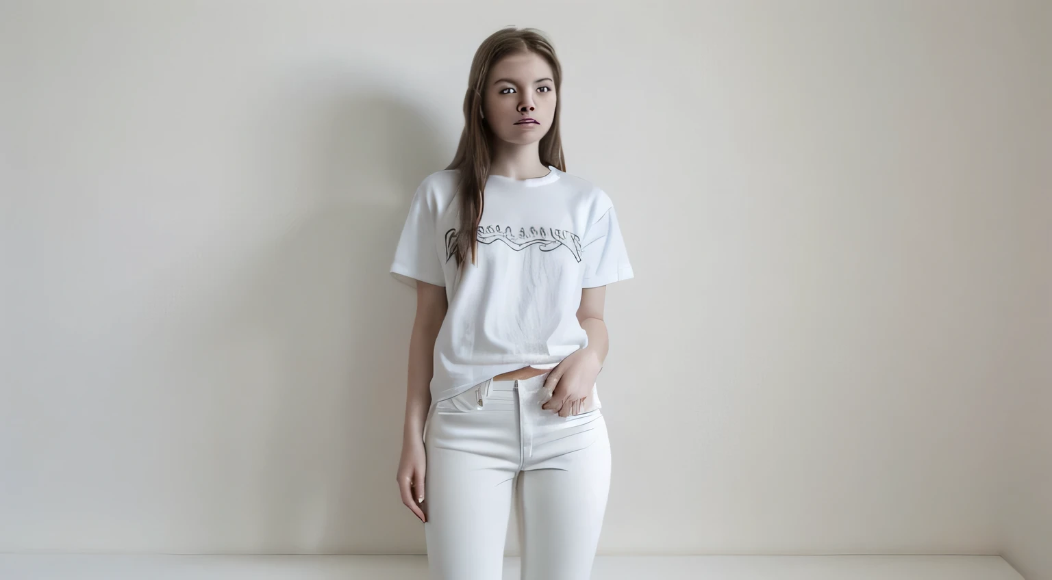 a girl in white pants and a white t - shirt stands with relax pose, concept art inspired by Ralph Earl, featured on reddit, renaissance, white pants, wearing white clothes, man in white t - shirt, all white, wearing pants and a t-shirt, dressed in a white t-shirt, dressed in a white t shirt, white clothes, Hoodie, Wearing jeans