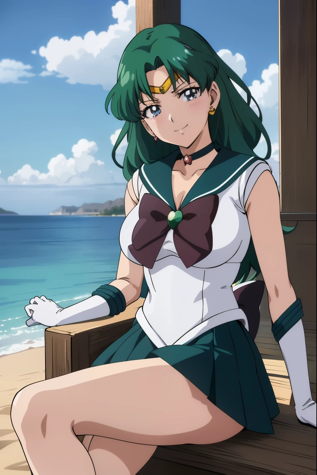 (anime:1.4), highest quality, masterpiece,Cowboy Shot,spread legs、show white panties,
One girl, Sailor Neptune, Mature Woman, Old age,Medium chest, Aqua Eye, Dark green hair, Medium Hair, (Sailor Warrior Uniforms:1.2), Buck Bow, White elbow gloves, Pleated skirt, View your viewers,blush, smile,Sitting