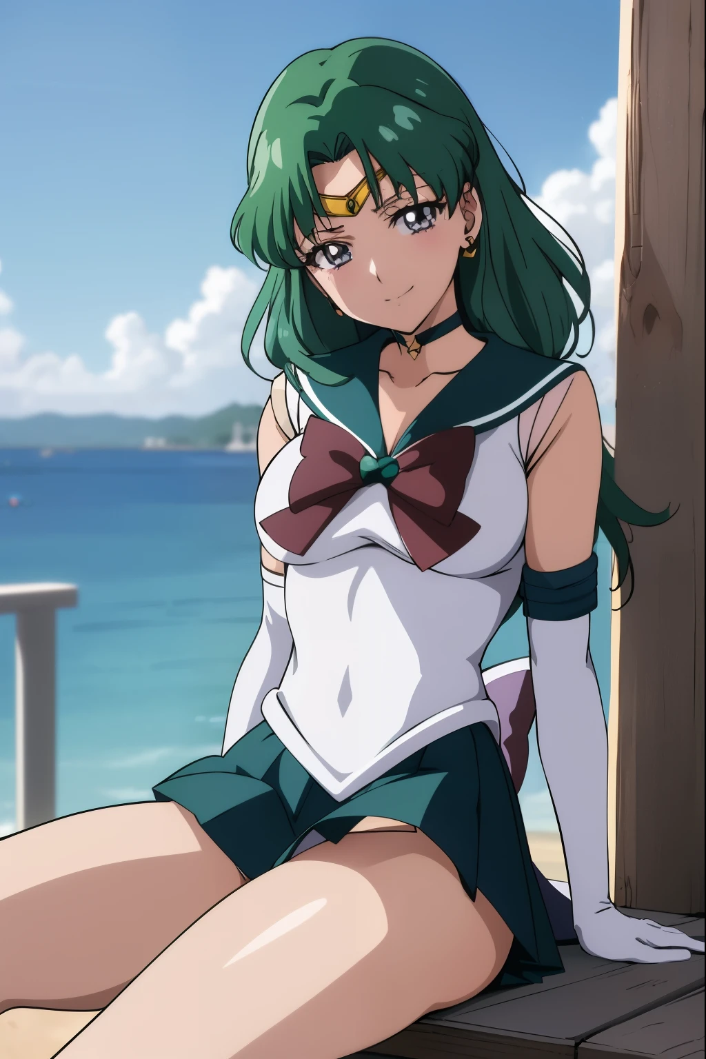 (anime:1.4), highest quality, masterpiece,Cowboy Shot,spread legs、show white panties,
One girl, Sailor Neptune, Mature Woman, Old age,Medium chest, Aqua Eye, Dark green hair, Medium Hair, (Sailor Warrior Uniforms:1.2), Buck Bow, White elbow gloves, Pleated skirt, View your viewers,blush, smile,Sitting