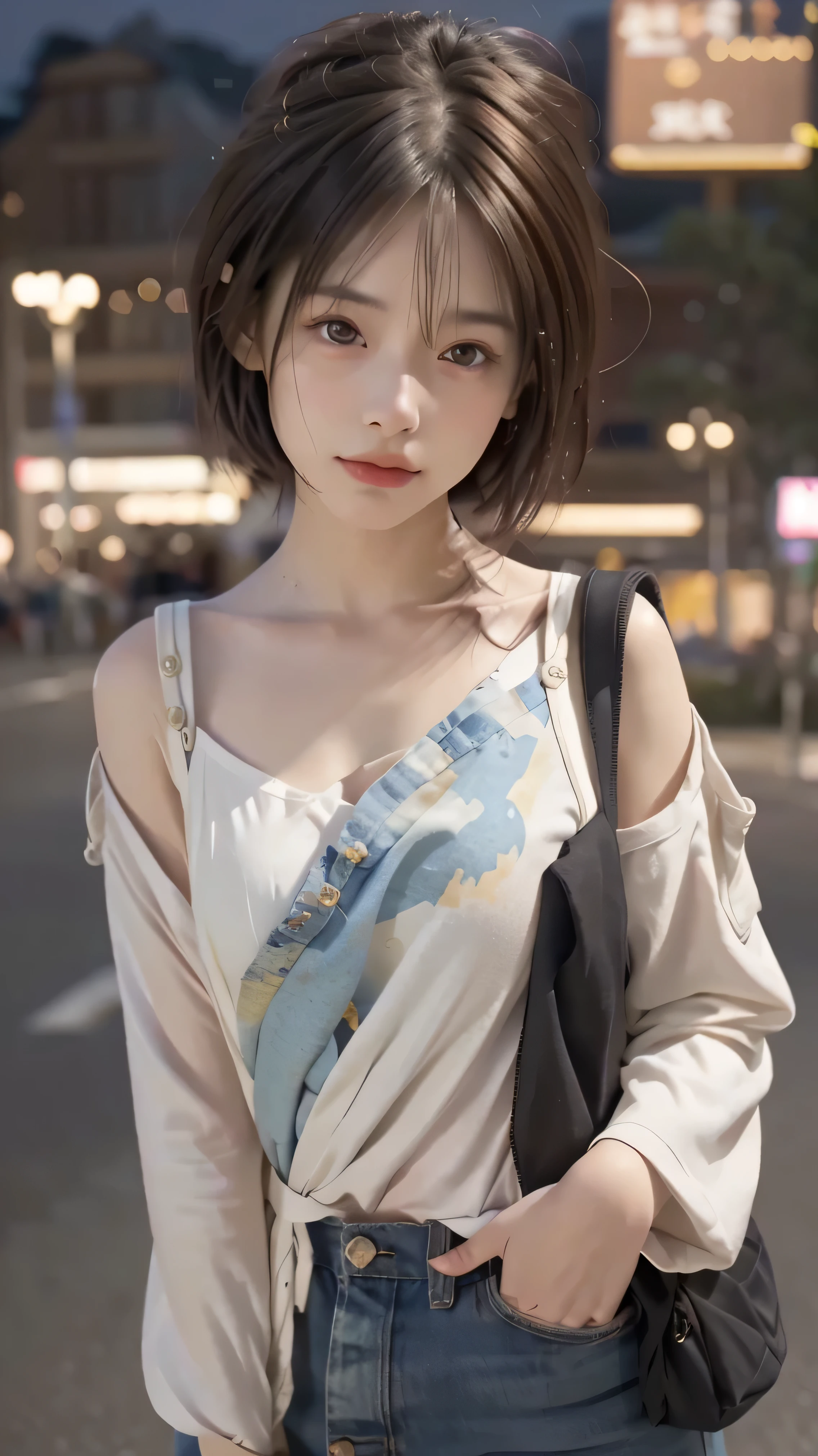 RAW shooting,最high quality, masterpiece, 超High resolution, (Realistic:1.4), RAW Photos, 1 girl,, short hair, (masterpiece, 最high quality, high quality, High resolution, Very detailed),Brown Hair, (Night lighting:1.4), Cyberpunk attire、Layer Color、Clothing with 15 zippers、Baggy clothes、white, pink, Blue and yellow clothes、Looking at the audience