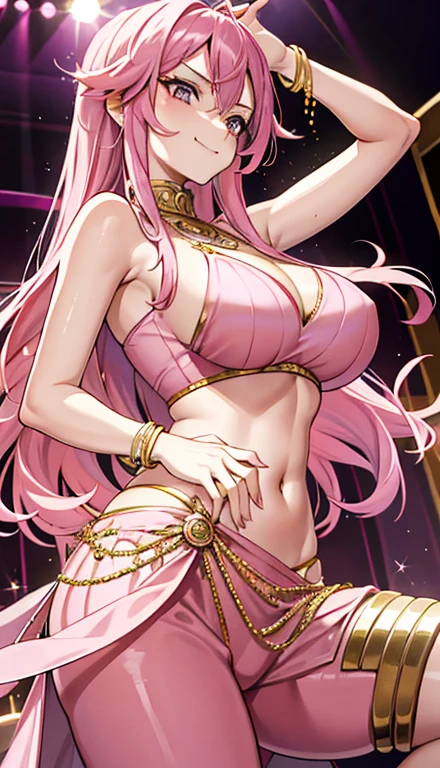 A smug narcissistic pink haired goddess wearing a pink bra and golden pants and lots of jewelry flaunting herself