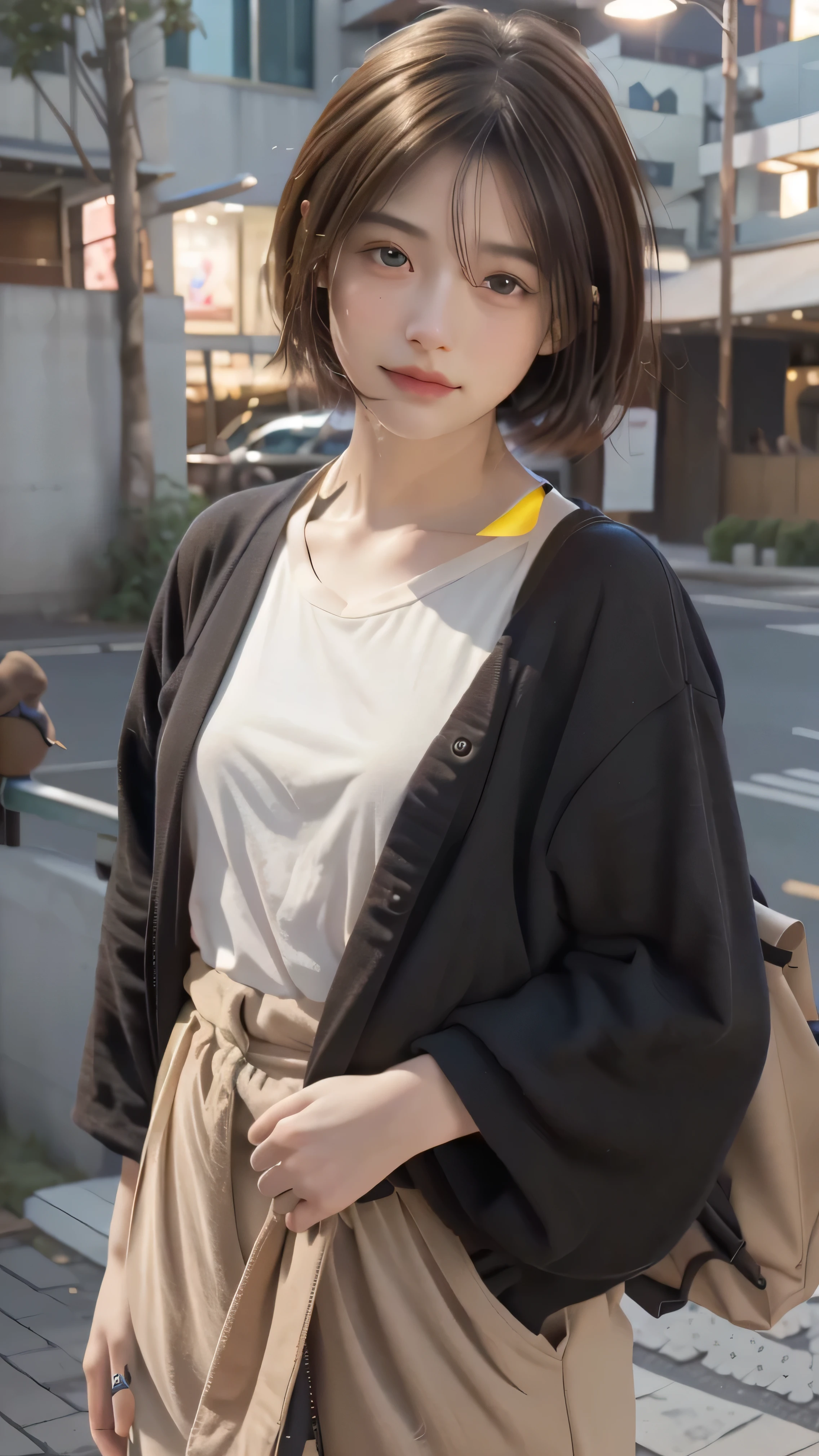 RAW shooting,最high quality, masterpiece, 超High resolution, (Realistic:1.4), RAW Photos, 1 girl,, short hair, (masterpiece, 最high quality, high quality, High resolution, Very detailed),Brown Hair, (Night lighting:1.4), Cyberpunk attire、Layer Color、Clothing with 15 zippers、Baggy clothes、white, pink, Blue and yellow clothes、Looking at the audience