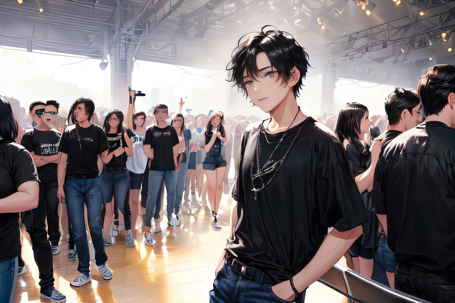 A young male,Black short hair,Black T-shirt,Blue Jeans,Look at the audience,Move forward
