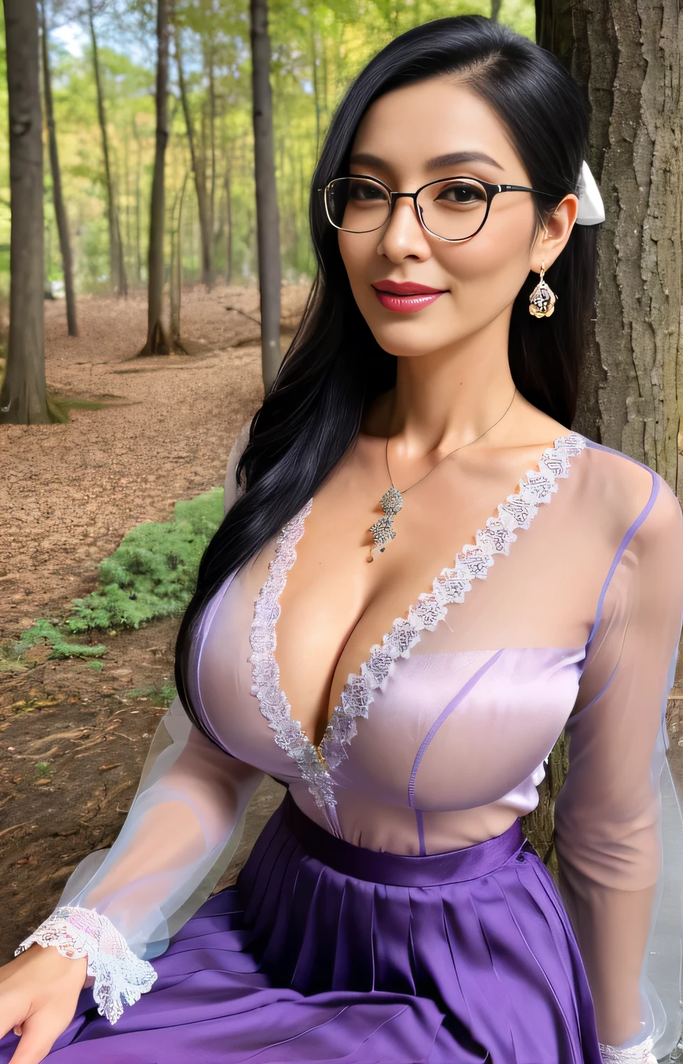 Professional, High level of detail, close up photo (attractive mature 55yo woman:1.3),very long black hair with hair ribbon, tied up, gray eyes, ( wearing long sleeve white transparent satin kebaya with detailes red purple batik ornament, long skirt)1.455,ray tracing, natural lighting, (seductive:1.1), (blushing:1.1 ), (classy, elegant, dandy)1.2, (round big breasts)1.2 (pokies)1.3, (toned body, hourglass body shape) (wipe hips), (full body with visible face and eyes)1.5, glasses, earnings, big tree, sit down at bench, forest, necklace, tattoo on breast, crossed leg, shy smile, pink lips