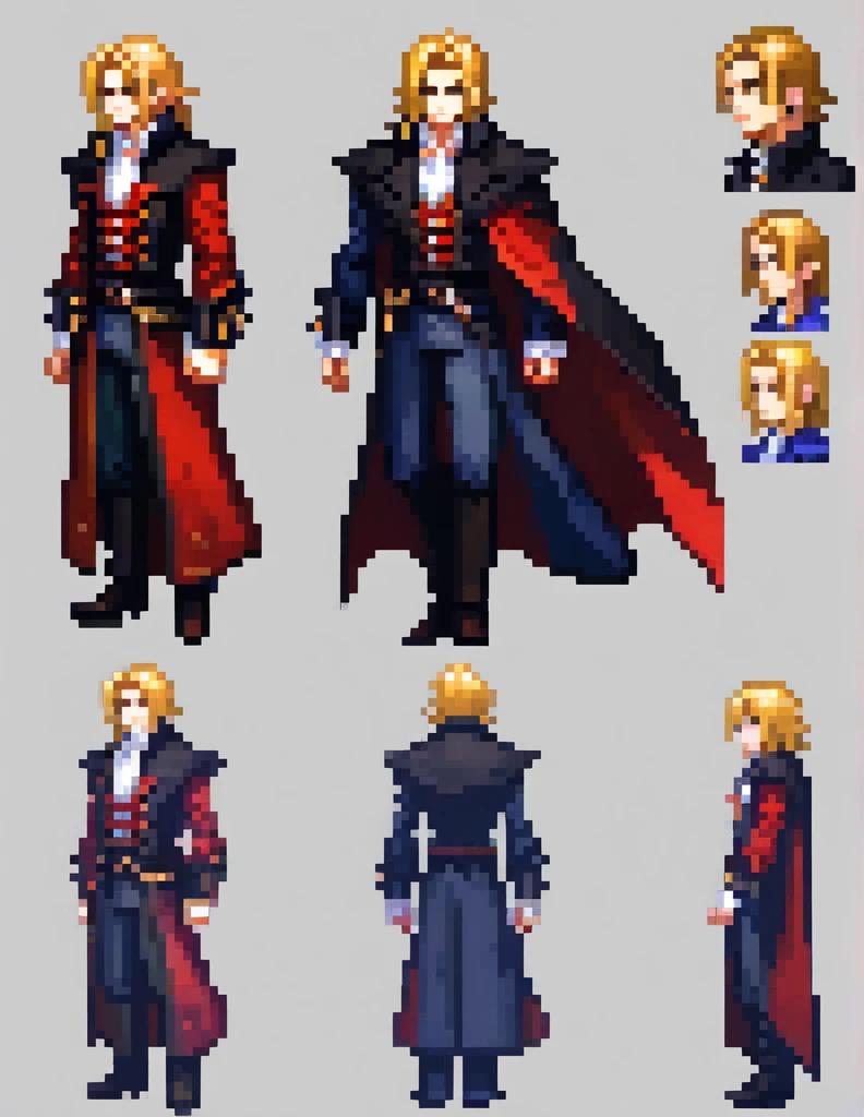 Prompt: 

Generate an image frames running to the right, of a physically young man with long blond hair. His most recurring attire is from Castlevania: Symphony of the Night, which, according to the game's setting, consists of 18th-century-style clothing. He wears a black jacket with side seams held together by four square brooches running vertically down, along with a belt. Around his neck, he wears a large white cravat. Over the jacket, he dons a long overcoat with a decorative pattern.

character sheet, full-length, front view and side view, rpg maker

Task: Create animated sprites for a character walking in a platform game.

Specifications:

Resolution: 32x32 pixels
Art style: Pixel art
Direction: The character should walk to the right.
Poses: Create at least 4 different poses for the walking animation, representing different stages of the movement.
Colors: Use a limited color palette, with a maximum of 8 different colors.
Details: The character should be easily recognizable at a reduced size.
Ensure that the movement appears smooth and natural by focusing on fluid transitions between poses. Aim for a seamless and realistic animation.

Once you're finished, export the sprites in a suitable format for use in RPG Maker or any other game engine of your choice.

In addition to his clothing, he also wears a cape resembling that of Bela Lugosi. The weapon he commonly wields is the Sword, a family heirloom from his mother.

Create the image in a Bishōnen artistic style.