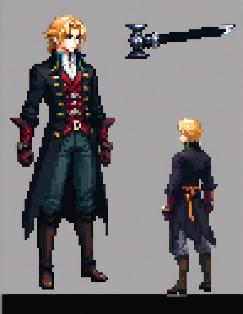 Prompt: 

Generate an image frames running to the right, of a physically young man with long blond hair. His most recurring attire is from Castlevania: Symphony of the Night, which, according to the game's setting, consists of 18th-century-style clothing. He wears a black jacket with side seams held together by four square brooches running vertically down, along with a belt. Around his neck, he wears a large white cravat. Over the jacket, he dons a long overcoat with a decorative pattern.

character sheet, full-length, front view and side view, rpg maker

Task: Create animated sprites for a character walking in a platform game.

Specifications:

Resolution: 32x32 pixels
Art style: Pixel art
Direction: The character should walk to the right.
Poses: Create at least 4 different poses for the walking animation, representing different stages of the movement.
Colors: Use a limited color palette, with a maximum of 8 different colors.
Details: The character should be easily recognizable at a reduced size.
Ensure that the movement appears smooth and natural by focusing on fluid transitions between poses. Aim for a seamless and realistic animation.

Once you're finished, export the sprites in a suitable format for use in RPG Maker or any other game engine of your choice.

In addition to his clothing, he also wears a cape resembling that of Bela Lugosi. The weapon he commonly wields is the Sword, a family heirloom from his mother.

Create the image in a Bishōnen artistic style.