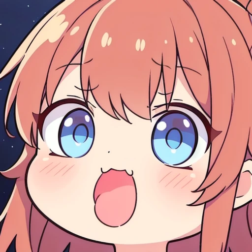 a chibi emoji of a cheeky anime girl with reddish brown long hair fishtail style, blue eyes,sharp jawline, wow , wow face , surprised , mouth wide open