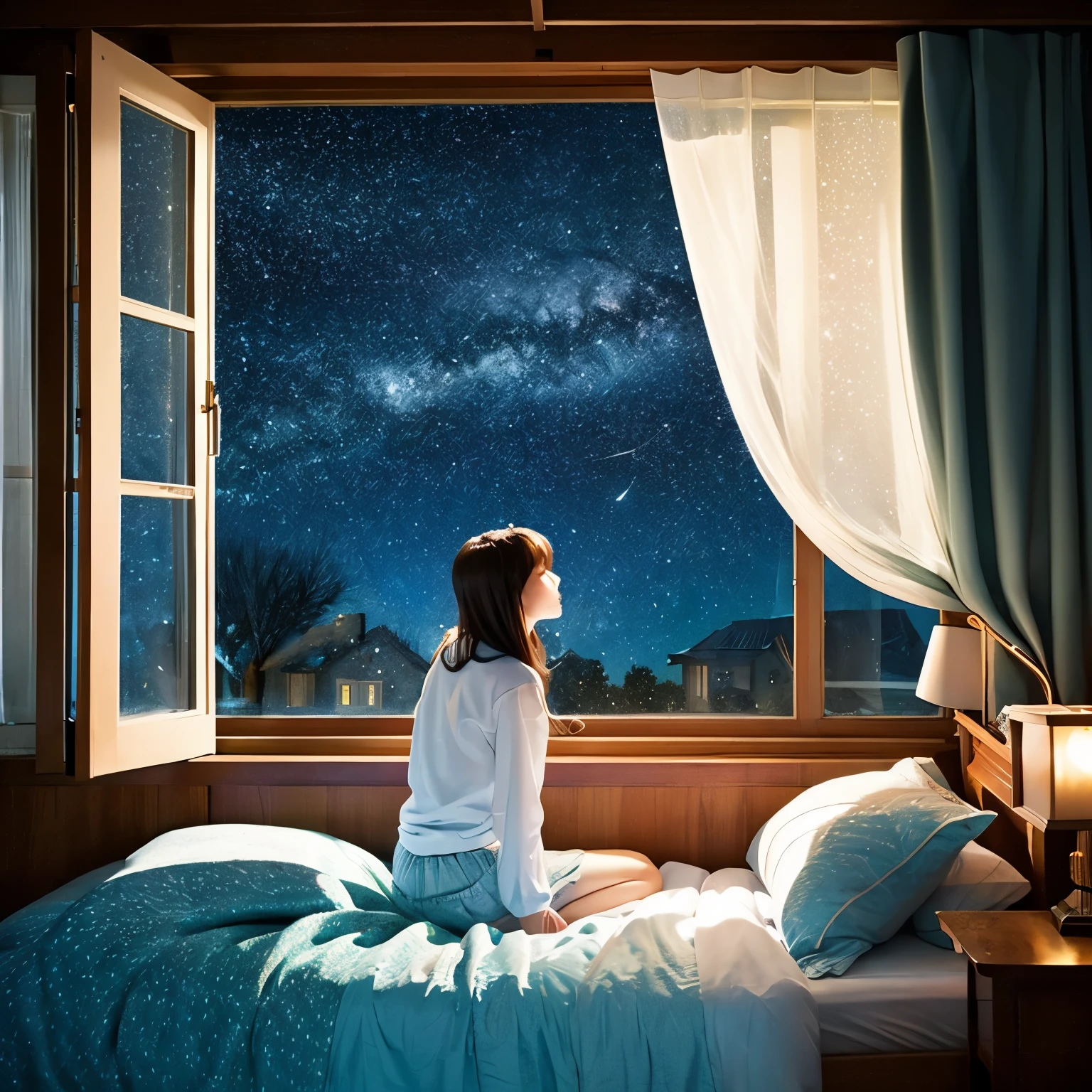 Looking at the starry sky outside the window from inside the room，girl，An illustration，highest quality，The windows are large，Bed in front of the window
