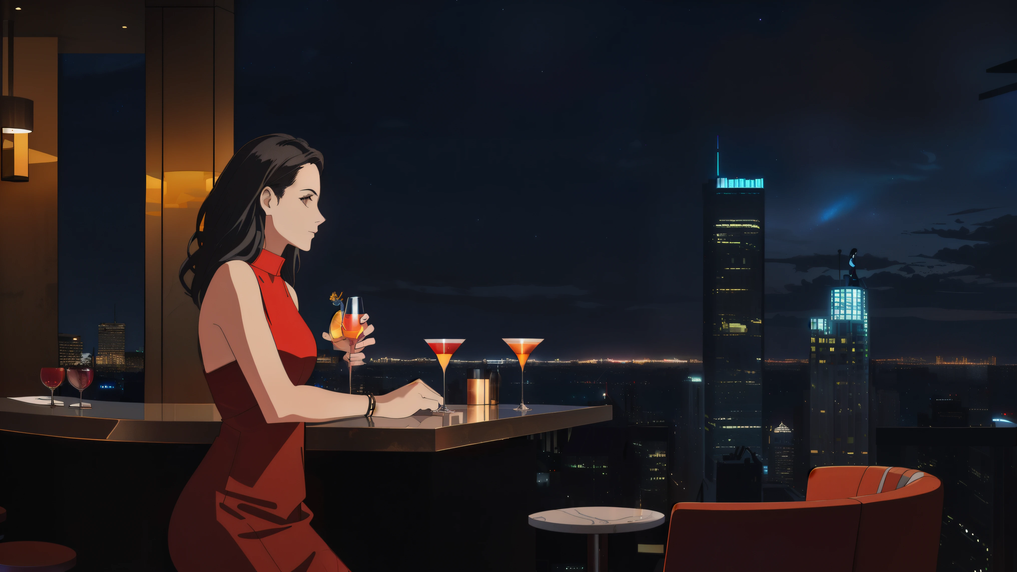 (RAW Photos, highest quality), One woman, Night Sky,sitting at the hotel bar,Perfect spot lighting,Cocktail in one hand,Looking at the skyscrapers