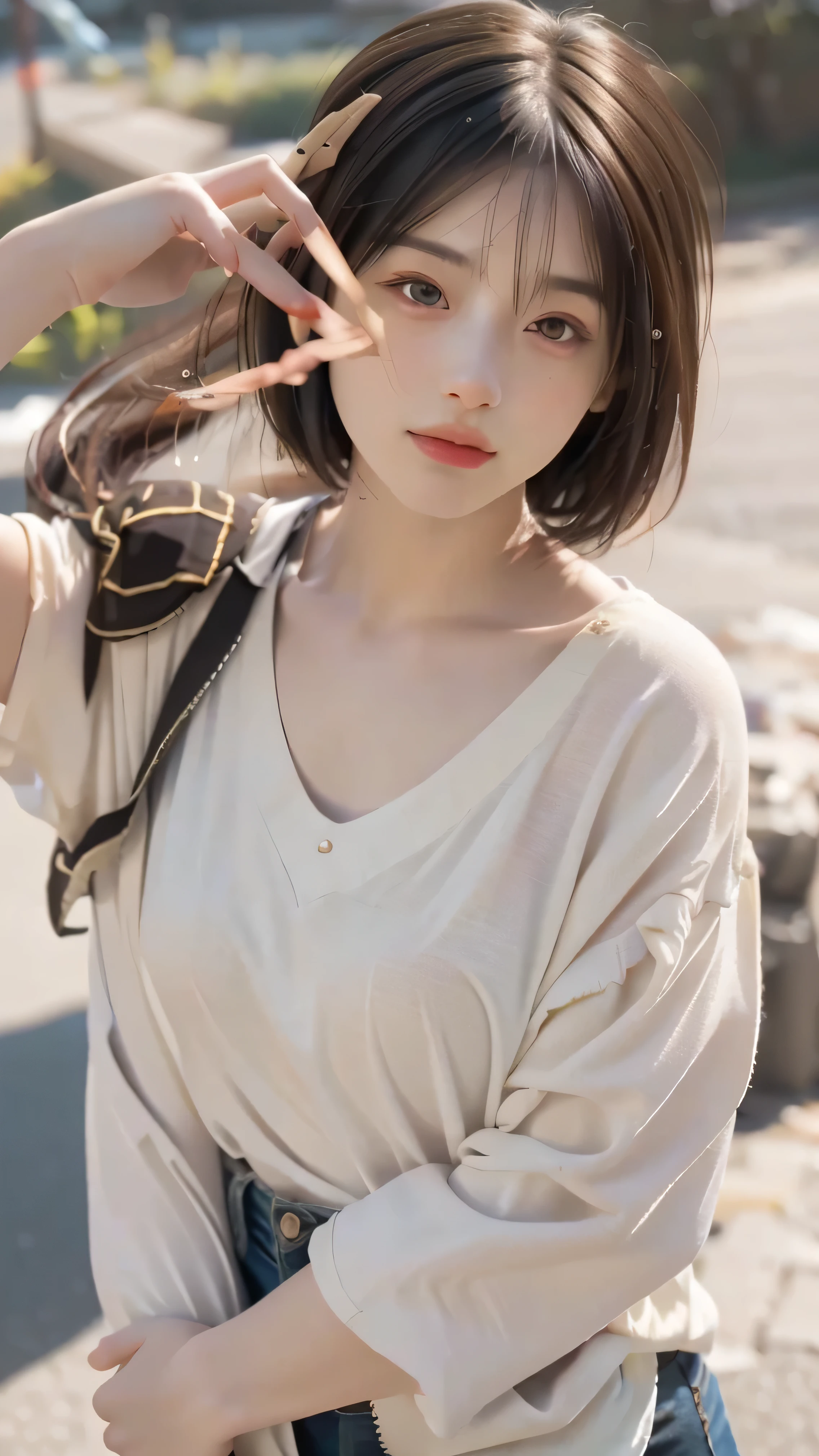 (8k, highest quality, masterpiece: 1,2), (Realistic, Realistic: 1.37), Super Detail, One Girl, ), (Very detailed), (Beautiful fine details), (highest quality) , (Very detailed), (masterpiece), (Detailed face), 18-year-old, One person girl, whole body, Are standing, Black Hair, Very short hair, Medium chest, Perfect lighting, looking at the camera, I brought a love letter, Full head of floral hair, impressive, Written boundary depth, Short Hair, Short Bob, Straight face, Head and body balance