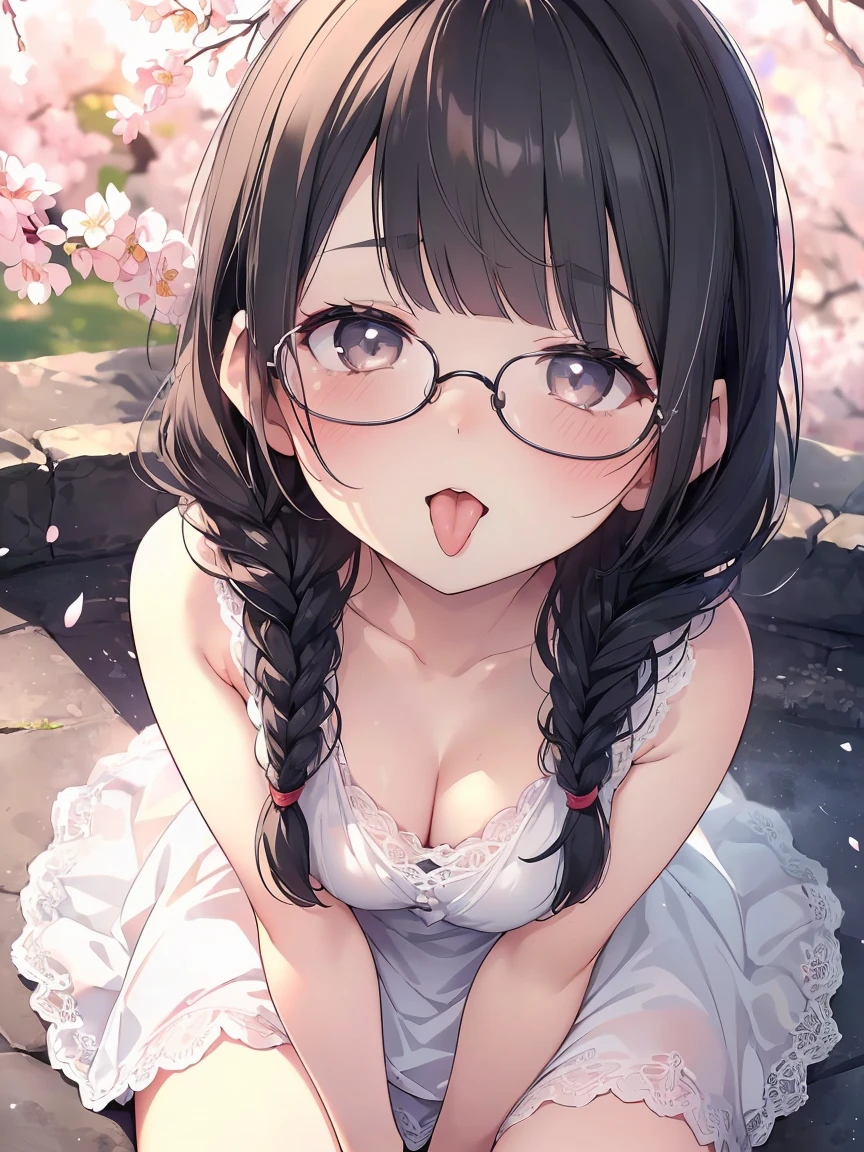 Very detailed, highest quality, High resolution, Moe Anime, ((Cute girl with black hair and droopy eyes)), ((Wearing large round glasses:1.4)), (Baby Face), Cute eyes, Detailed eye depiction, Sparkle in the eyes, View your viewers, Pale skin, (Big eyes:1.4, Droopy eyes:1.4, Fatty face:1.4), smile, Focus on the face, In the park with cherry blossoms falling, Sitting, (Extreme close up of tongue), (((From above))), Open your mouth, (((Face only:1.3))), ((white lace sleeveless dress)), Bright Eyes, Light from the front, (Put your hands between your legs:1.4), large and long tongue, Cleavage, Braided hairstyle