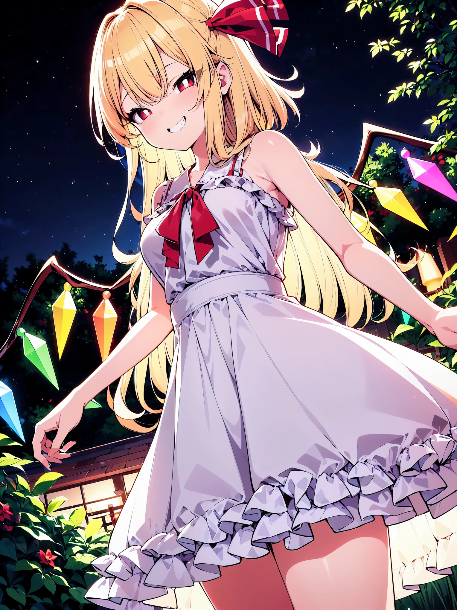 (cowboy shot), (colorful:1.1), vibrant color, (ultra-high resolution, depth of field:1.2), Touhou project, (Flandre scarlet), (1woman), in her 20s, (medium breasts), (red eyes), white pupils, glowing eyes, (blonde hair), long hair, (forehead), (bangs), red ribbon, (white sundress:1.4), (wearing a white sundress), frills, off shoulders, (long skirt), (grinning), squinting eyes, head slightly tilting to the side, garden scenery, night