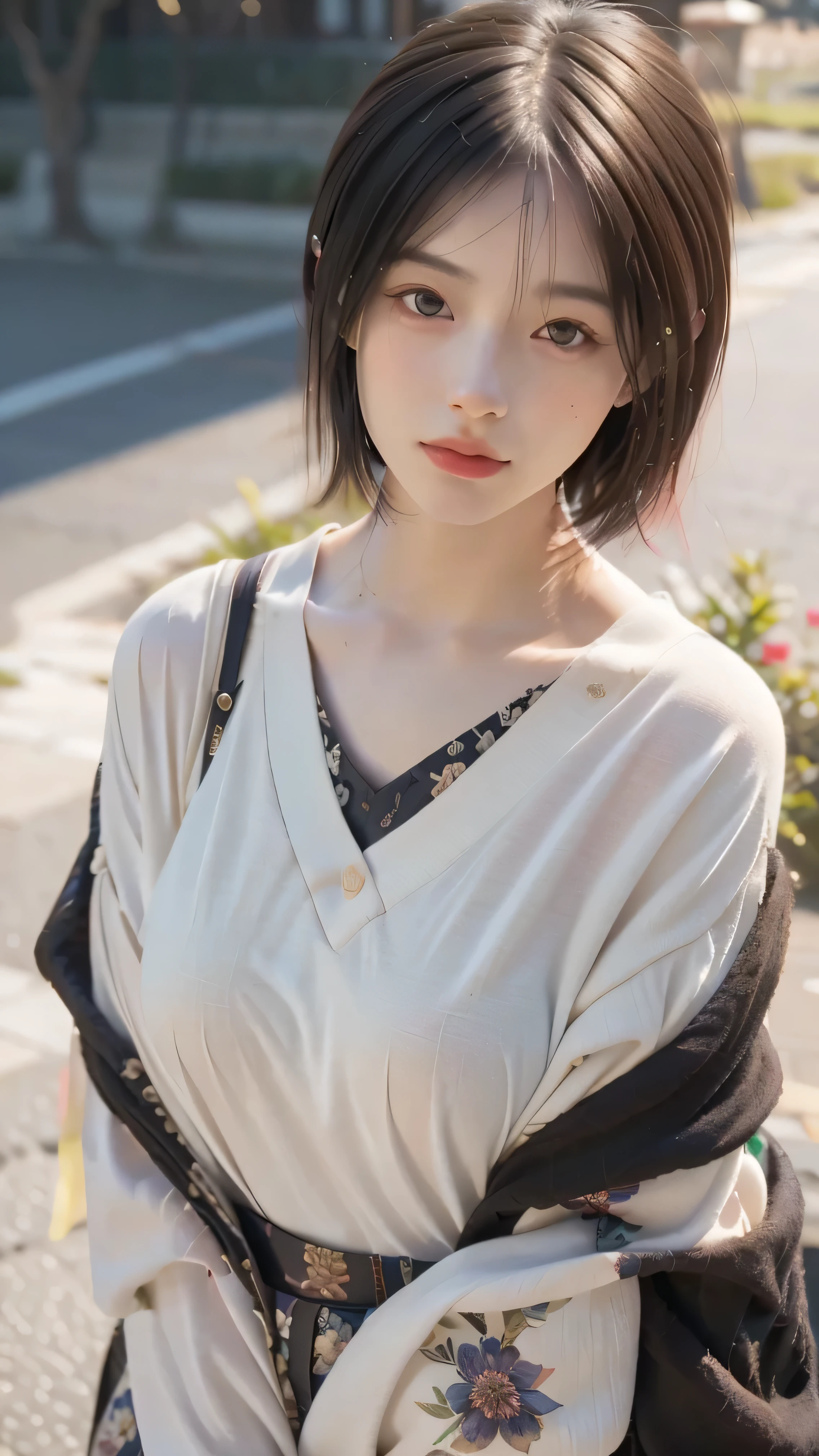 (8k, highest quality, masterpiece: 1,2), (Realistic, Realistic: 1.37), Super Detail, One Girl, ), (Very detailed), (Beautiful fine details), (highest quality) , (Very detailed), (masterpiece), (Detailed face), 20-year-old, One person girl, whole body, Are standing, Black Hair, Very short hair, Medium chest, Perfect lighting, looking at the camera, I brought a love letter, Full head of floral hair, impressive, Written boundary depth, Short Hair, Short Bob, Straight face, Head and body balance
