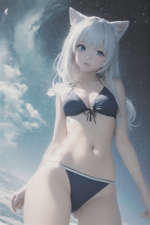 Anime girl with white hair and blue eyes, White cat lady, Gweitz, Very Beautiful Anime Cat Girl, artwork in the style of Gweitz, Gweitz on pixiv artstation, Gweitz on artstation pixiv, Beautiful anime cat girl, Trending on cgstation, anime wallpaper 4k, anime wallpaper 4k wet Swimwear,  Young Sensual Gravure Idol, Yoshitomo Nara, Young and cute gravure idol, sakimichan, is wearing a Swimwear, Realistic young gravure idol, Swimwear, wearing two - piece Swimwear