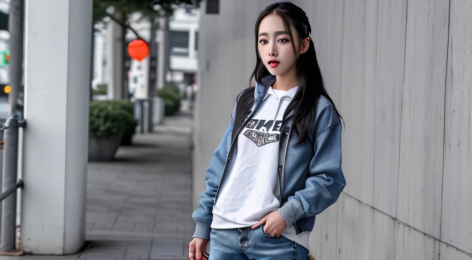 a woman in a white shirt and jeans standing on a sidewalk, korean women's fashion model, casual clothing style, girl wearing hoodie, cute casual streetwear, dilraba dilmurat, she is wearing streetwear, wearing a jeans jackets, woman in streetwear, wearing jeans and a black hoodie, casual clothes, wearing casual clothing, casual clothing, korean girl, wearing casual clothes