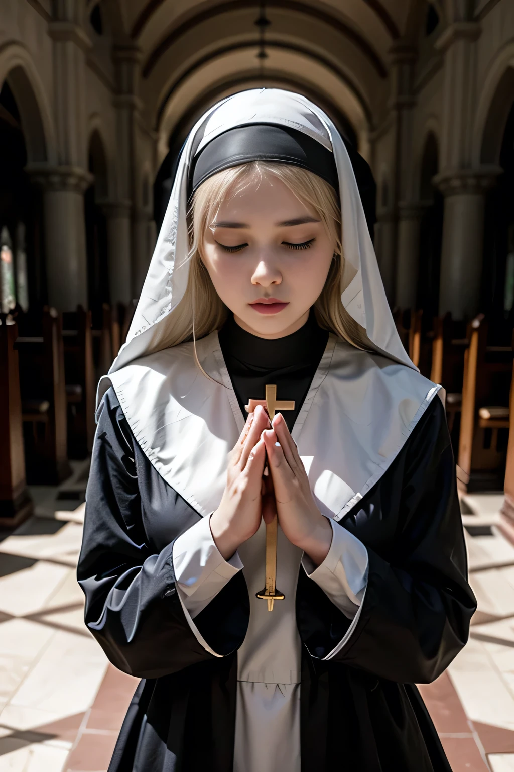 A 20-year-old nun and a giant dragon, The 20-year-old woman is a nun, 20 year old nun with blonde hair, , , Beautifully detailed face, The 20-year-old nun has her hair braided., Cinematic lighting effects, A huge dragon on the top left, Dynamic composition, Nun is praying, , A 20-year-old nun prays with her hands together, Anatomically correct body, The nun is unaware of the dragon, The 20-year-old nun has her hair in a bun, 20 year old nun blindfolded, , The 20-year-old nun is wearing traditional robes., Blindfolded Nun and a Dragon, Dragon on the floor, Nun standing in chapel, , The nun holds a cross in her hand, Nun in silk blindfold, The nun's eyes are closed, , Very large dragon, Anatomically correct number of hands, A dark room lit only by candles, , Anatomically correct leg shaping, , Face Shot,