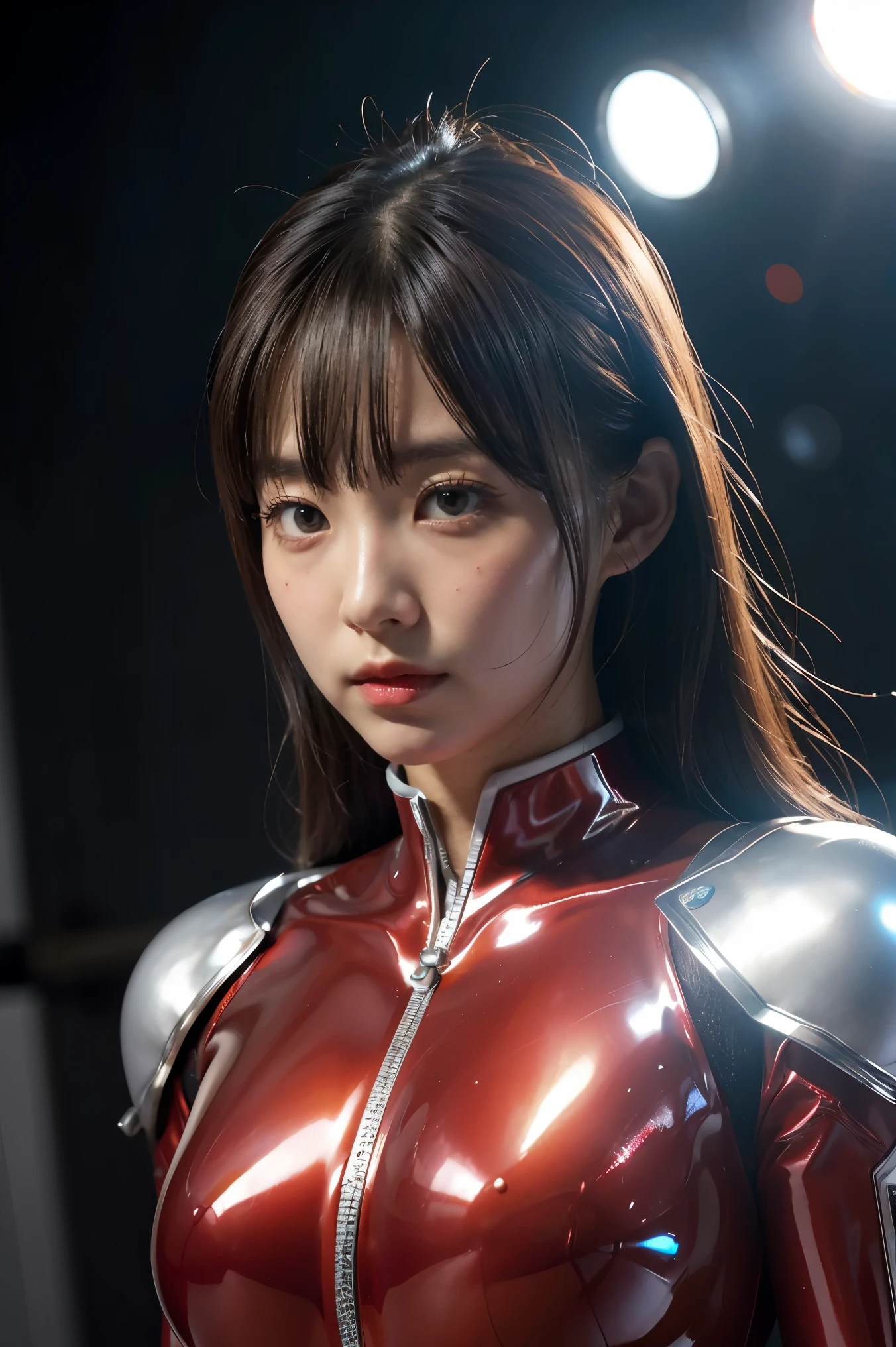 Ultraman、realistic、realistic、cinematic lighting, Girl in a shiny red and silver suit、15 years old、professional photos、Don&#39;Do not expose your skin, japanese model, japanese cgi、Ultraman Suit、, Power Rangers Suit、tight and thin cyber suit,Whole body rubbery、There&#39;s pink There、 delicate body, big breasts、small ass、thin thighs、thin arms、thin waist、camel toe、Both sides of the cyber suit stick to the skin、Big eyes、black short hair、facing the front、facing the front立っている、A glowing sphere is embedded in the chest.、Essay Examination、 blue sky background