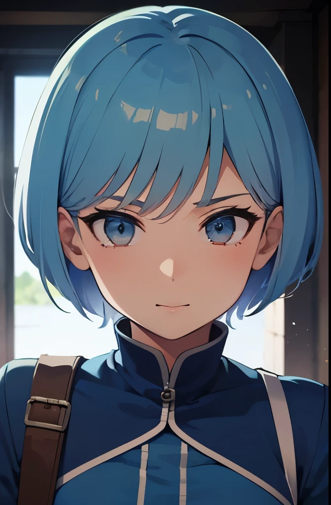 high res, highly detail, masterpiece, best quality, 35 year old girl game design, blue outfit, full complex unique clothes, light blue hair, blue shirt, blue hot pants, village outfit, short hair