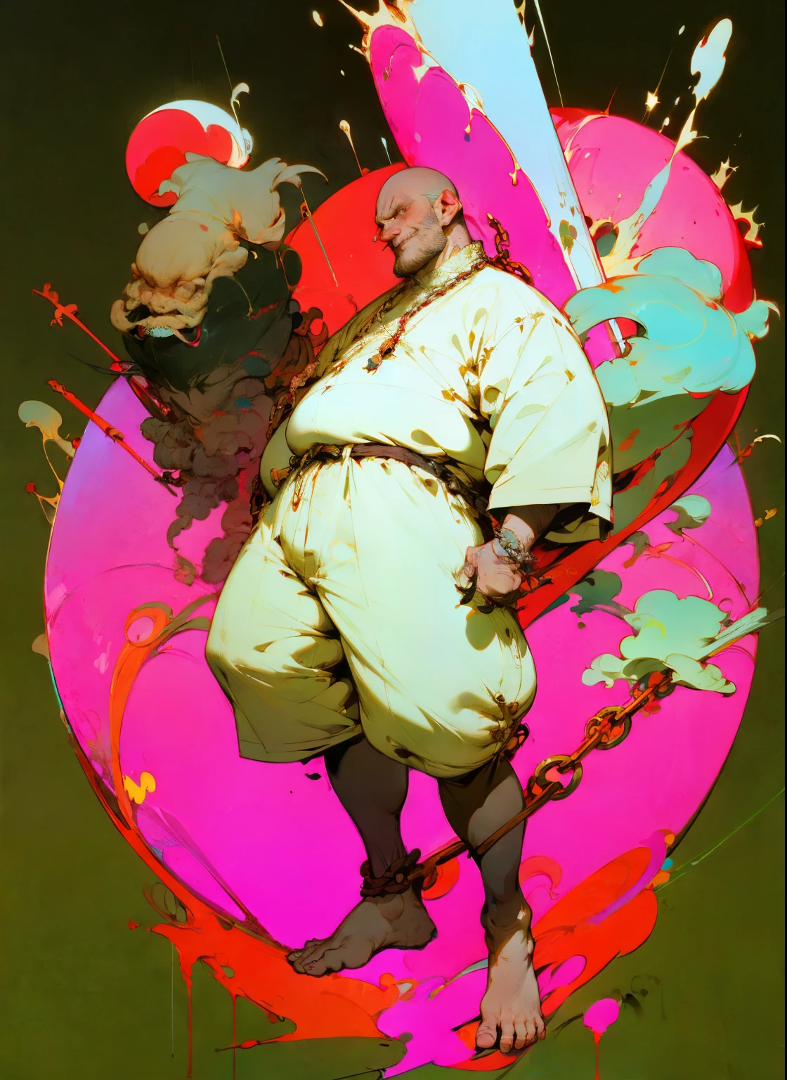 perfect proportions, anatomically correct, (head to toe: 2.0), (full body image: 2.0), solo, (fat man: 1.6), extremely stylized, deviant art, masterpiece, highly detailed, detailed eyes, expressive detailed eyes, detailed pupils, futuristic, ((holding a thick chain with a large spiky ball at the end)), ((bald head)), sinister, (hairy body:1.4), big boots, entire body image, full body shot, nvinkpunk, professional photograph of alexander_skarsgard, tassles, no shirt, (large tassels), cyberpunk, inkpunk, paint splatter, ink splatter, (action pose:1.0), evil smile, sharp teeth