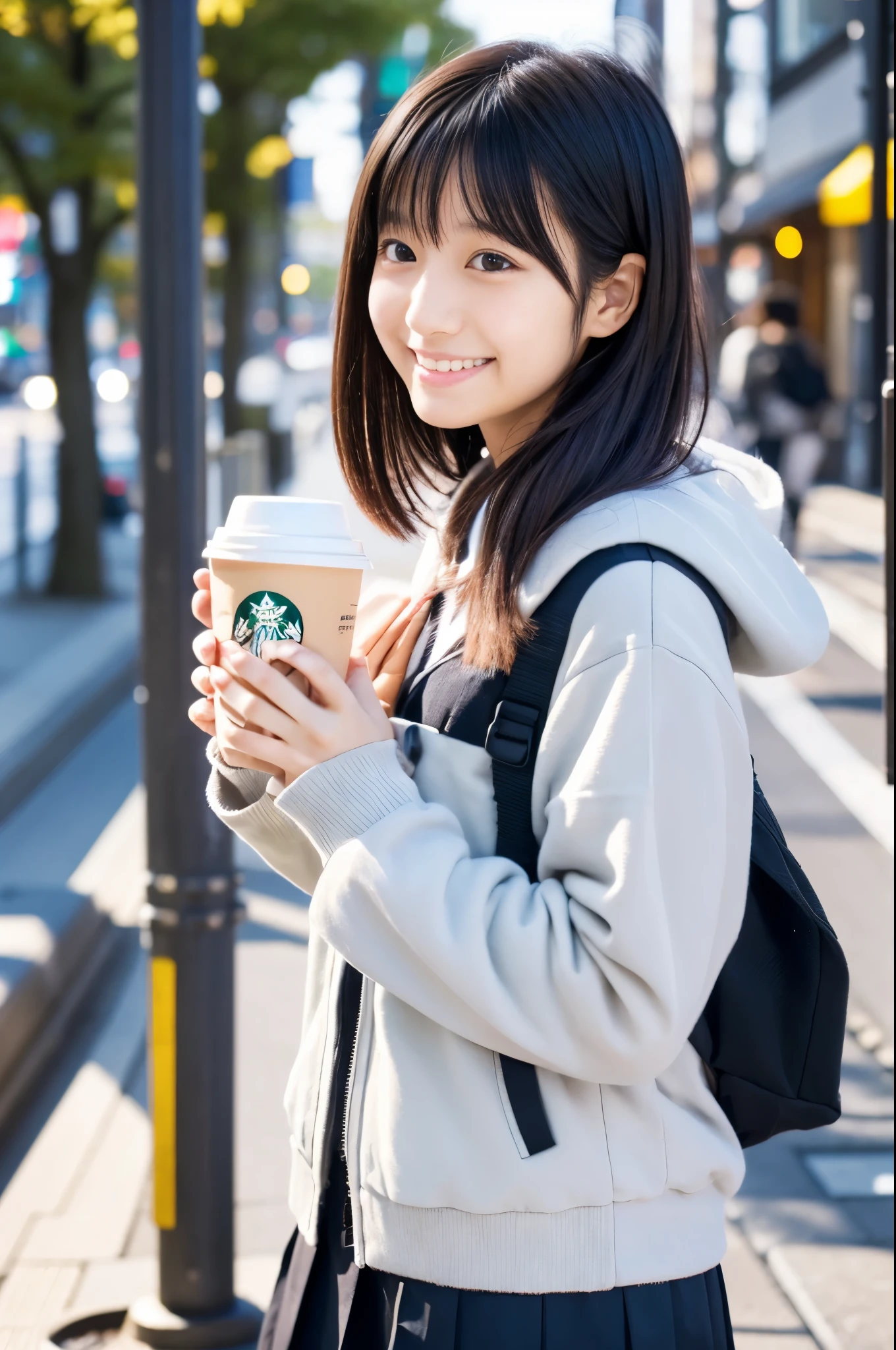 Cute 17 year old Japanese girl、Tabletop, highest quality, Portrait of a Girl、Black Hair、short、uniform、skirt、You can check pores and skin texture in high resolution.、A walk along the bank in the morning sun、Plain、Image quality of SLR cameras、Holding a Starbucks coffee in his hand、Tokyo Background、