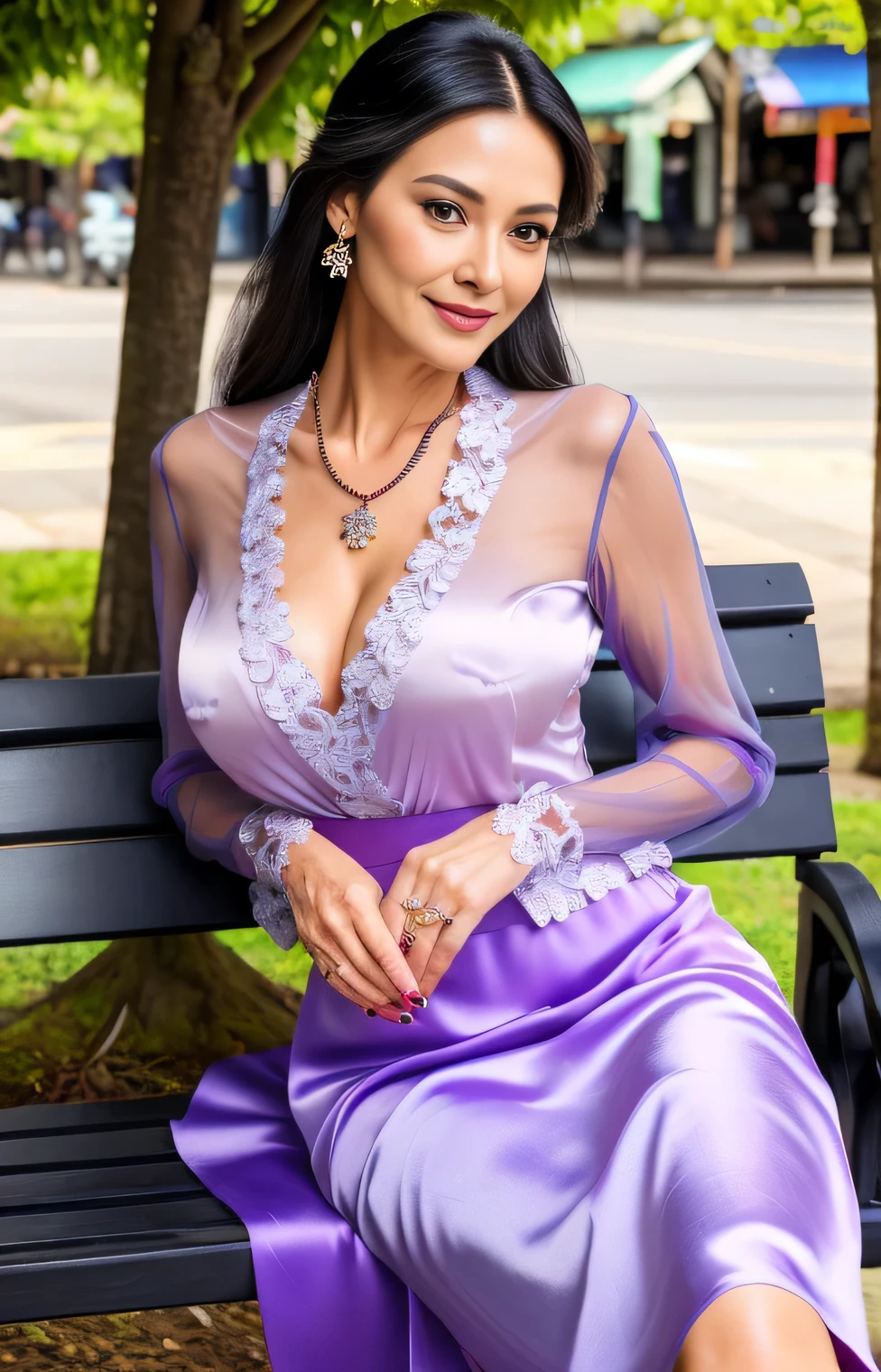 Professional, High level of detail, close up photo (attractive mature 55yo woman:1.3),very long black hair with hair ribbon, tied up, gray eyes, ( wearing long sleeve white transparent satin kebaya with detailes red purple batik ornament, long skirt)1.455,ray tracing, natural lighting, (seductive:1.1), (blushing:1.1 ), (classy, elegant, dandy)1.2, (round big breasts)1.2 (pokies)1.3, (toned body, hourglass body shape) (wipe hips), (full body with visible face and eyes)1.5, glasses, earnings, big tree, sit down at bench, market, necklace, tattoo on breast, crossed leg, shy smile, pink lips