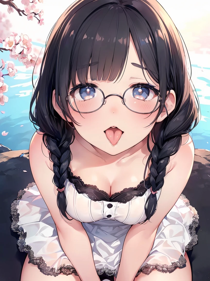Very detailed, highest quality, High resolution, Moe Anime, ((Cute girl with black hair and droopy eyes)), ((Wearing large round glasses:1.4)), (Baby Face), Cute eyes, Detailed eye depiction, Sparkle in the eyes, View your viewers, Pale skin, (Big eyes:1.4, Droopy eyes:1.4, Fatty face:1.4), smile, Focus on the face, In the park with cherry blossoms falling, Sitting, (Extreme close up of tongue), (((From above))), Open your mouth wide, (((Face only:1.3))), ((white lace sleeveless dress)), Bright Eyes, Light from the front, (Put your hands between your legs:1.4), large and long tongue, Cleavage, Braided hairstyle