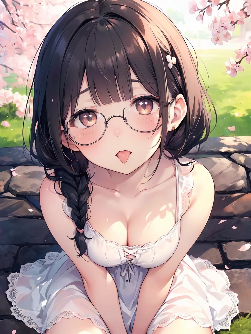 Very detailed, highest quality, High resolution, Moe Anime, ((Cute girl with black hair and droopy eyes)), ((Wearing large round glasses:1.4)), (), Cute eyes, Detailed eye depiction, Sparkle in the eyes, View your viewers, Pale skin, (Big eyes:1.4, Droopy eyes:1.4, Fatty face:1.4), smile, Focus on the face, In the park with cherry blossoms falling, Sitting, (Extreme close up of tongue), (((From above))), Open your mouth wide, (((Face only:1.3))), ((white lace sleeveless dress)), Bright Eyes, Light from the front, (Put your hands between your legs:1.4), large and long tongue, Cleavage, Braided hairstyle