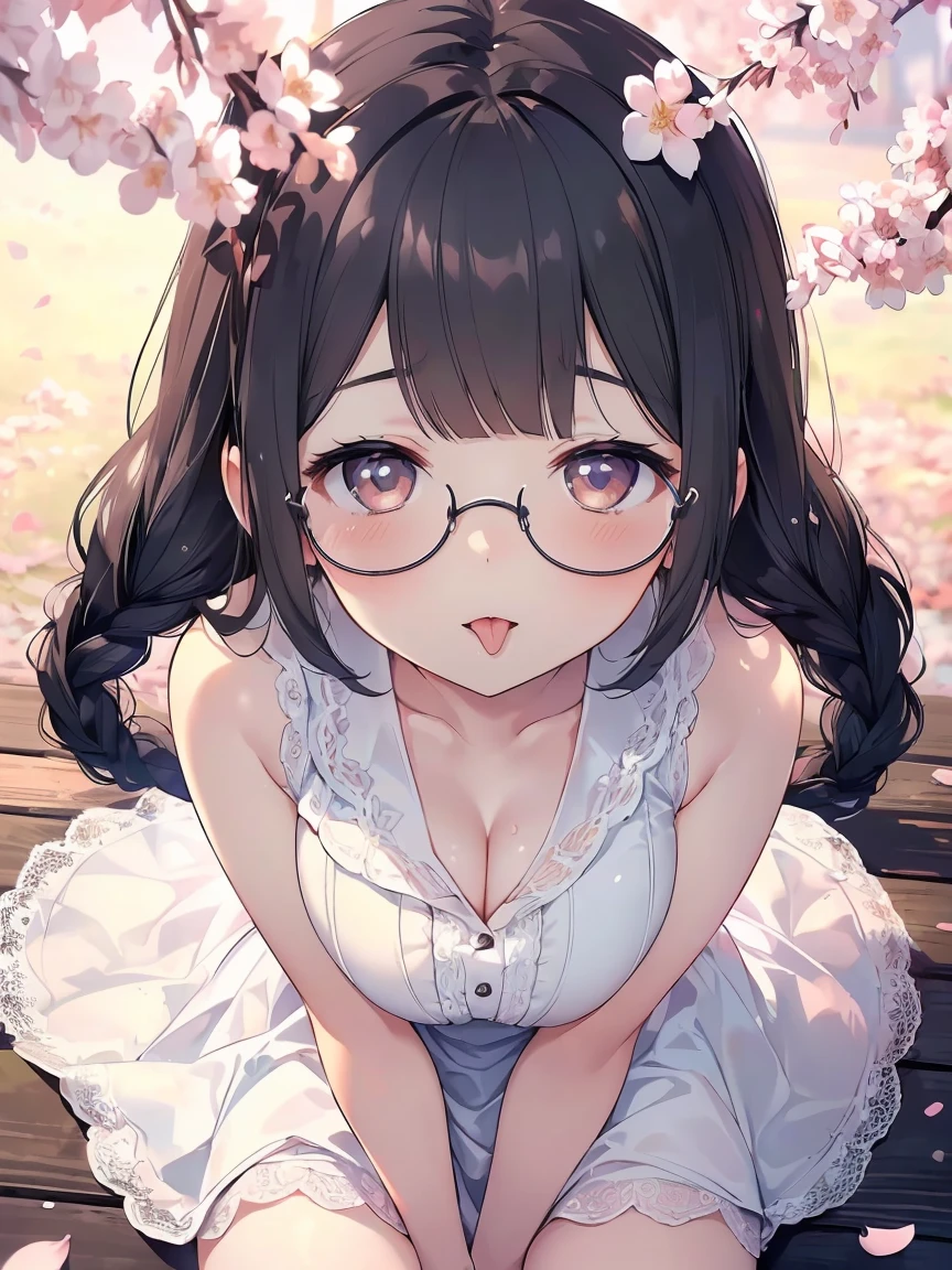 Very detailed, highest quality, High resolution, Moe Anime, ((Cute girl with black hair and droopy eyes)), ((Wearing large round glasses:1.4)), (Baby Face), Cute eyes, Detailed eye depiction, Sparkle in the eyes, View your viewers, Pale skin, (Big eyes:1.4, Droopy eyes:1.4, Fatty face:1.4), smile, Focus on the face, In the park with cherry blossoms falling, Sitting, (Extreme close up of tongue), (((From above))), Open your mouth wide, (((Face only:1.3))), ((white lace sleeveless dress)), Bright Eyes, Light from the front, (Put your hands between your legs:1.4), large and long tongue, Cleavage, Braided hairstyle