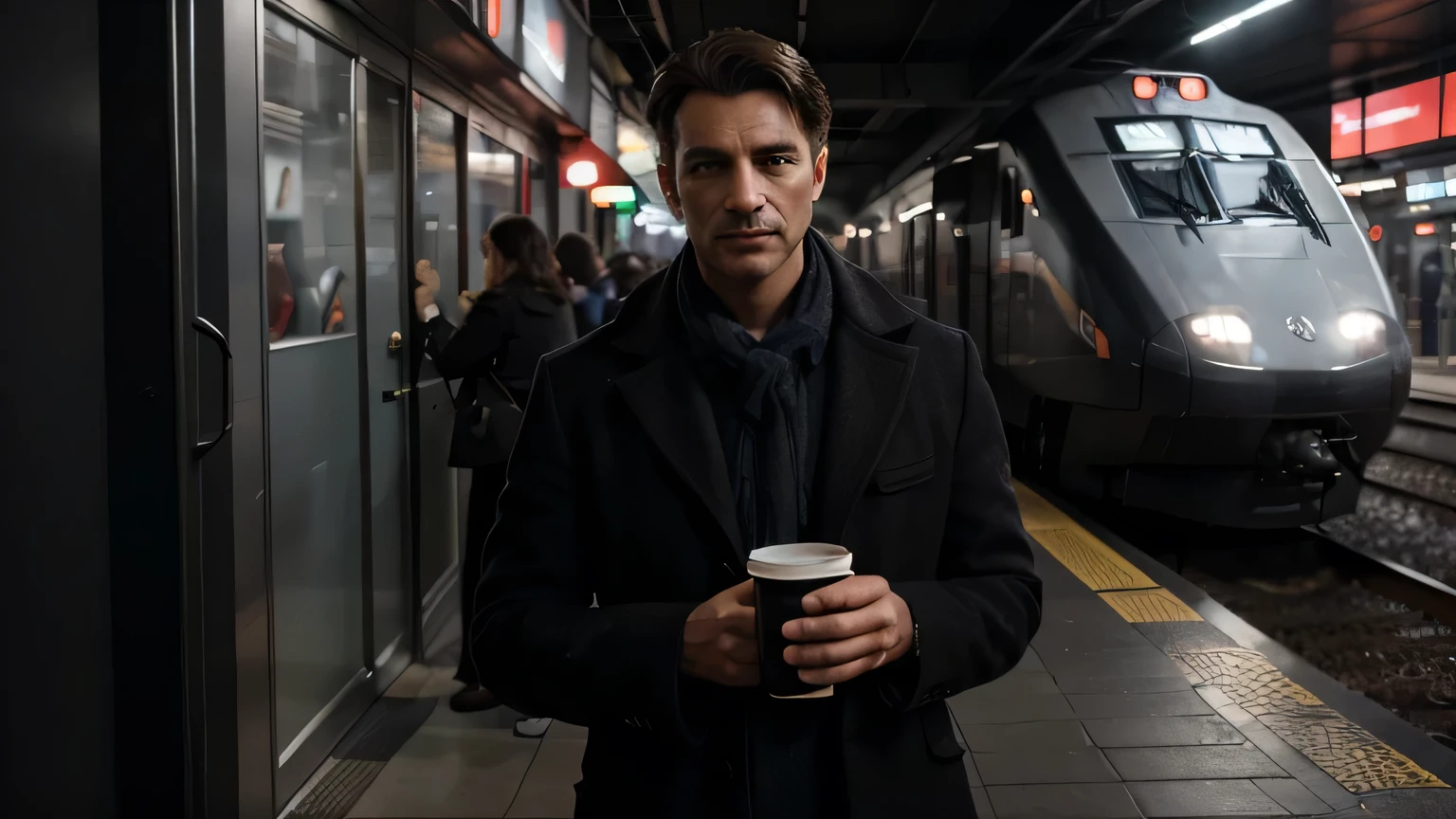 A 8K Photo and cinematic scene of a man, wearing a long british coat, holding his cup of coffee, waiting for a matte black high speed train that is rapidly approaching with red headlights.
