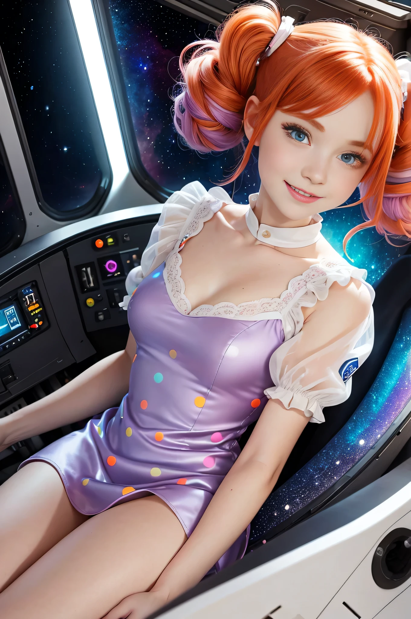 chemise(overhead view) Cute redhead with rainbow colored hair tips, ribbons in her hair, 18-year-old woman, happy, smiling, in twin tails, perfect eyes, clear sparkling blue eyes, pale skin, silky smooth white skin, alabaster skin, flying a fancy metal luxurious space ship, futuristic cockpit, she's a pilot, outer space seen in windows, dark warm lighting, wearing a futuristic silk body suit, low cut top (chemise), (pastel rainbow colors, and polka dots), puffy sleeves silk.