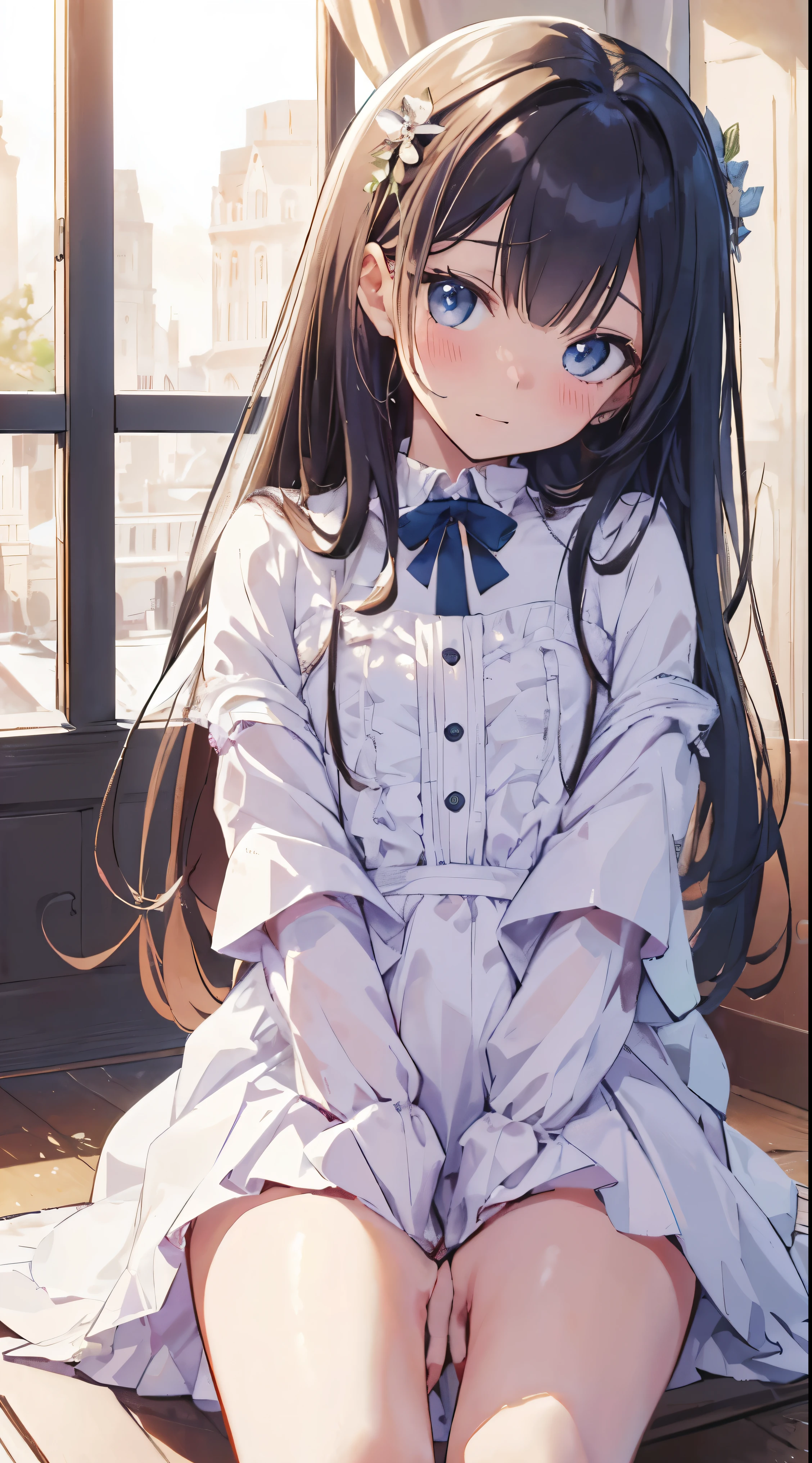 Masterpiece、Highest quality、highest quality、(((Lori)))、 ((((Petite))))、((Embarrassed))、Shiny hair quality、Small face、Sitting、Super detailed, beautiful, wide eyes、Ultra-detailed, clear and beautiful faces、(cute illustration:1.2), High-resolution, ultra-detailed, best quality, embarrassed、Cute white underwear、Thighs