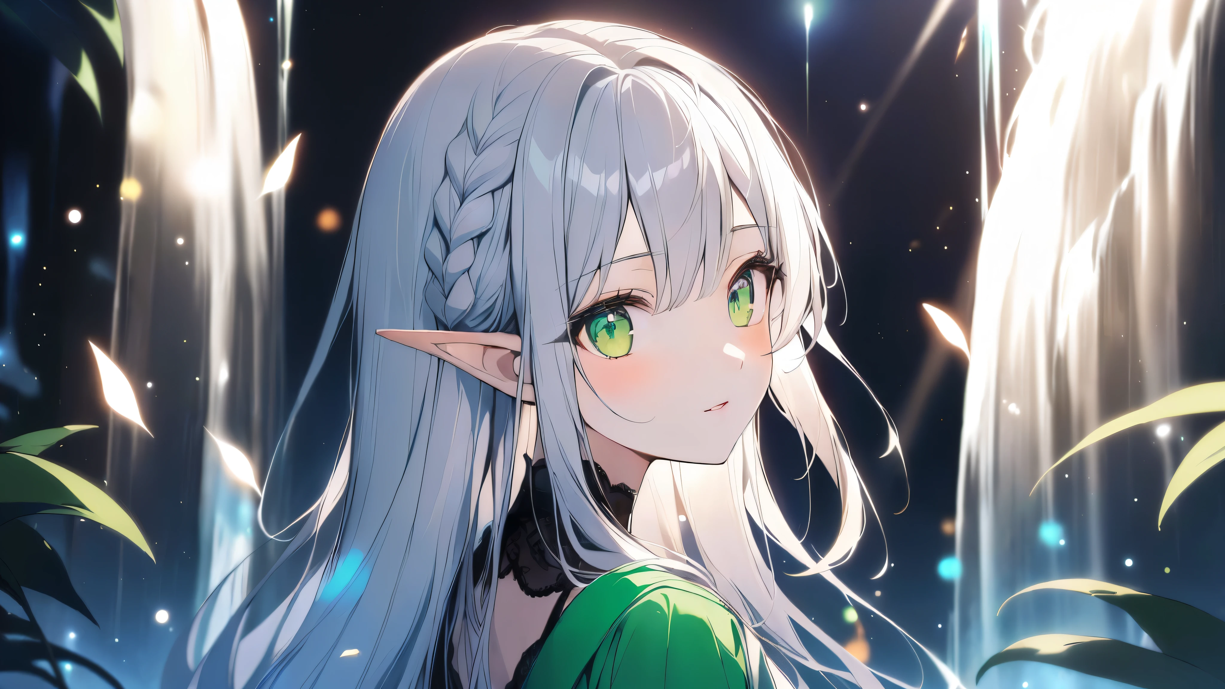 anime girl with long white hair and green eyes standing in front of a waterfall, elf girl, elven character with smirk, a portrait of an elf, portrait of an elf, beautiful anime portrait, anime visual of a cute girl, detailed digital anime art, elf princess, cute anime girl portraits, cute anime girl portrait, stunning anime face portrait