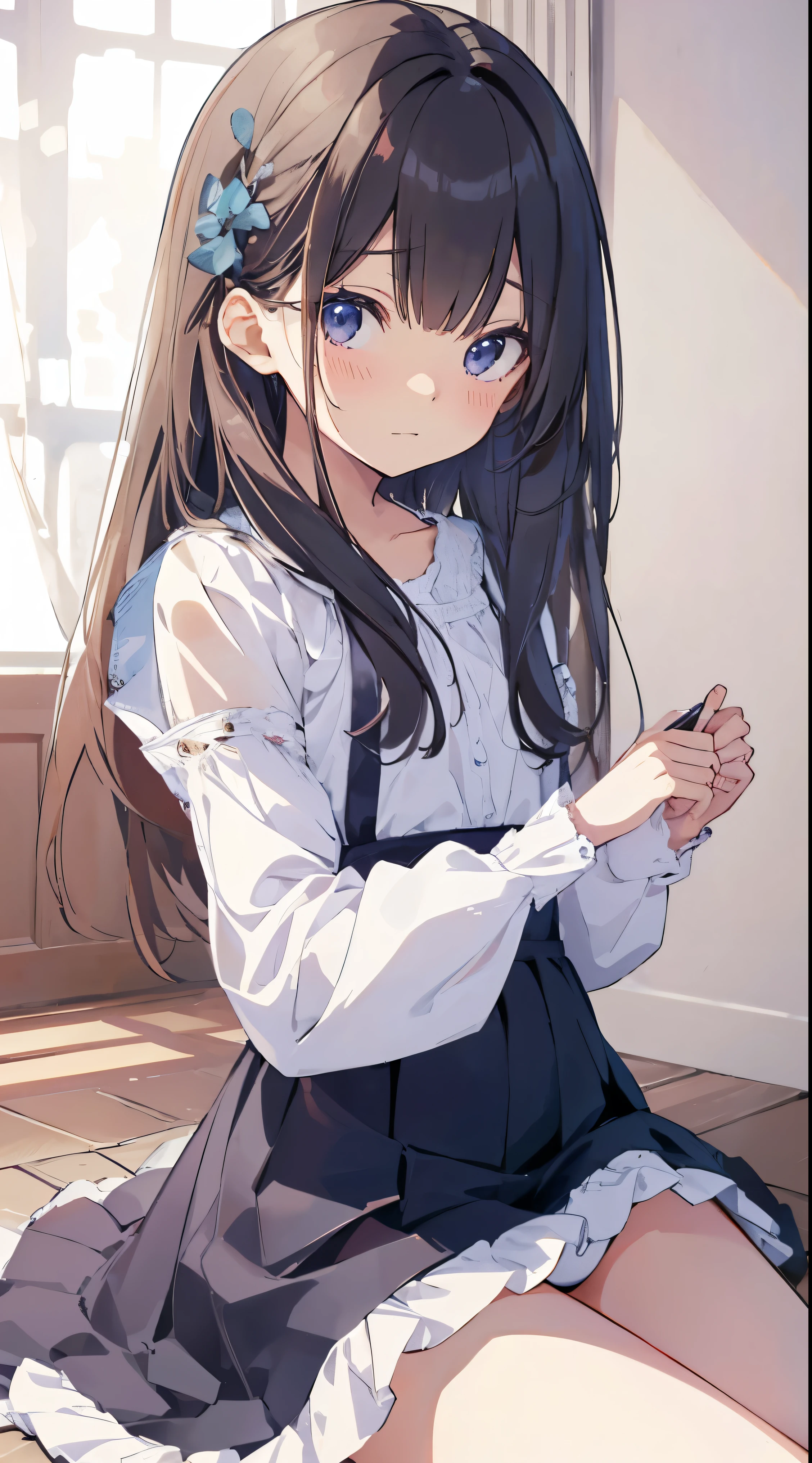 Masterpiece、Highest quality、highest quality、(((Lori)))、 ((((Petite))))、((Embarrassed))、Shiny hair quality、Small face、Sitting、Super detailed, beautiful, wide eyes、Ultra-detailed, clear and beautiful faces、(cute illustration:1.2), High-resolution, ultra-detailed, best quality, embarrassed、Cute white underwear、Thighs