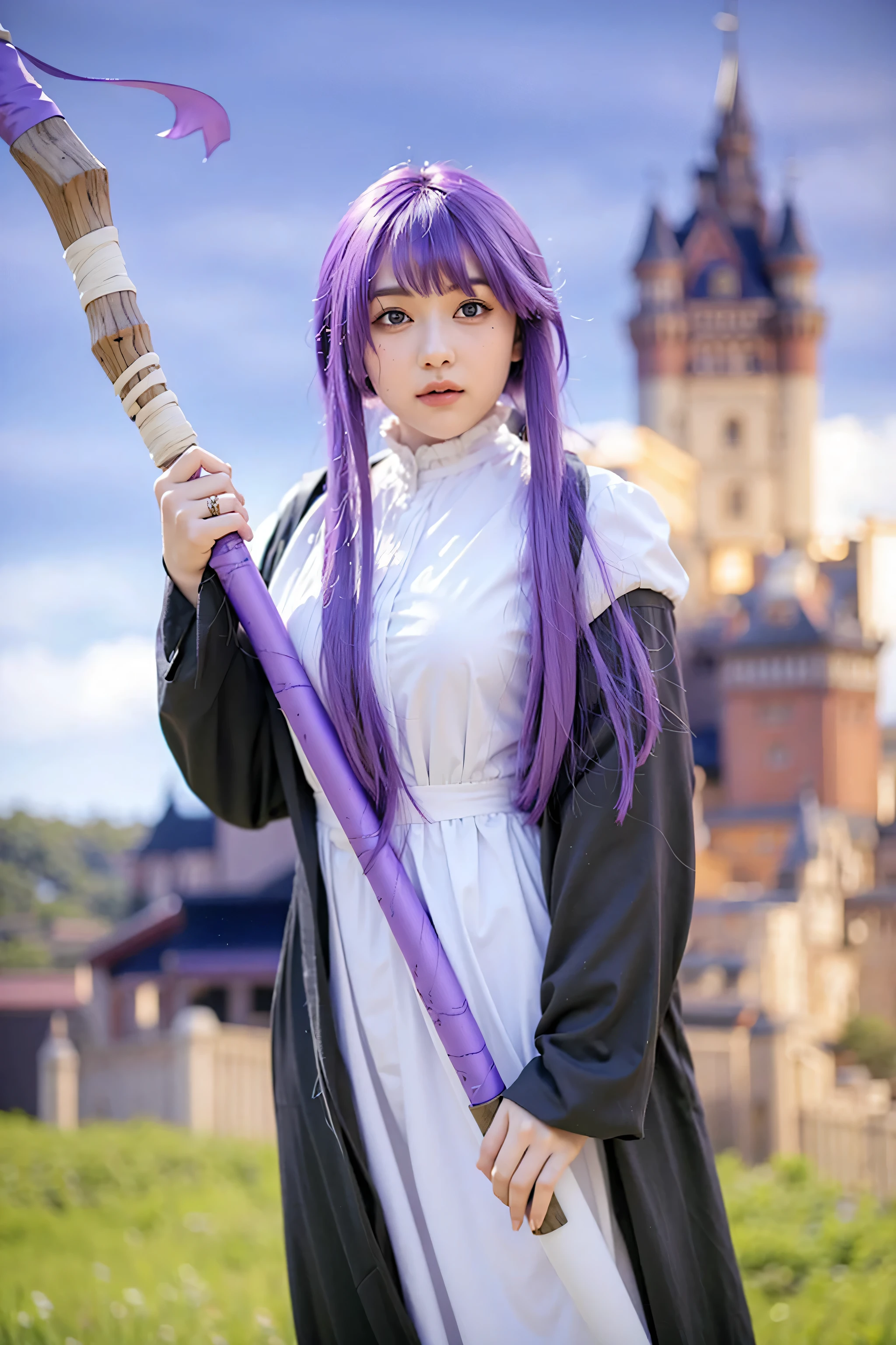 (a girl with purple hair, standing in front of a castle, holding a wooden magic staff) (best quality, extremely detailed), illustration, castle, midnight landscape, eyes and eyes beautiful detailed lips, magical atmosphere, purple dress, long flowing hair, enchanting forest background, mystery, intrigue, moonlight, soft shadows, ethereal light, vivid colors, like dreamy, surreal, enchanting, magical theme, fantasy setting.