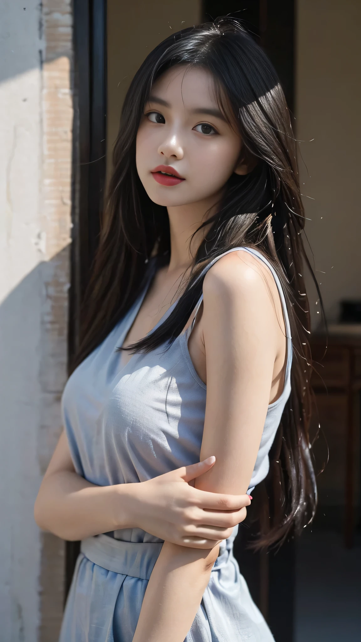 A perfect young female white-collar worker,Chinese,High picture quality,Works of masters,Black hair,Long hair flowing over the shoulders,Blured background,outside, deep shadow, Real Human,CG rendering,16k,Stand up,Empty interior,Do not show your hands,Close-up shot