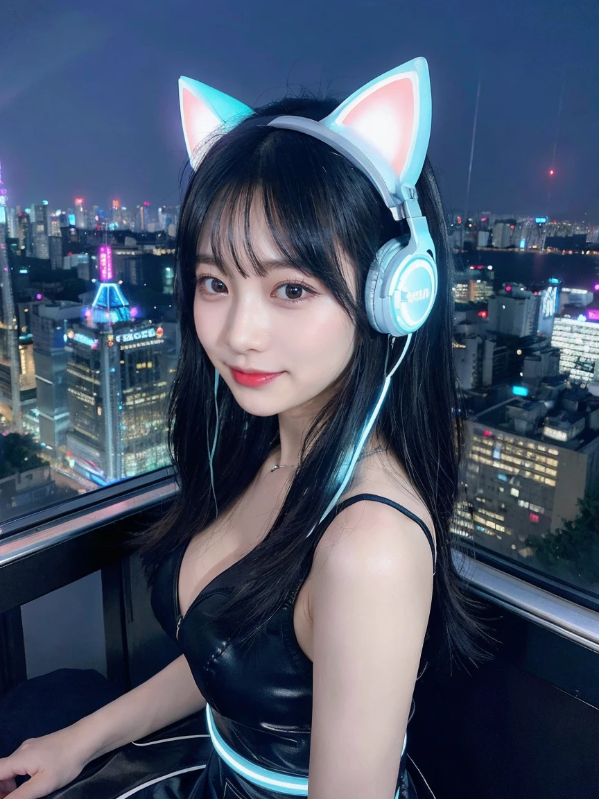 最high quality, masterpiece, 32k、Very detailed、Realistic、1 girl, Japanese women、Cute face, (photo Actual:1.3), Edge lighting, (Skin with attention to detail:1.2), 8k超High resolution, Single-lens reflex camera, high quality, High resolution, 4K, 8k, Optimal ratio of four fingers to one thumb, (Actual:1.3), smile、自然なsmile、Cat ear headphones(Light blue and black neon cat ear headphones)、cute 1 girl, Realistic、Super Realistic、32k、Very detailed、masterpiece, 最high quality, beautiful girl, beauty、Small breasts, Mecha, Beautiful lighting, (Neon Light:1.2), (night:1.5), Cyberpunk Costume、Sitting,Cyber Neon、Future City、Skyscraper、都会のnight、Shanghai、Big cities、night景、綺麗なnight景