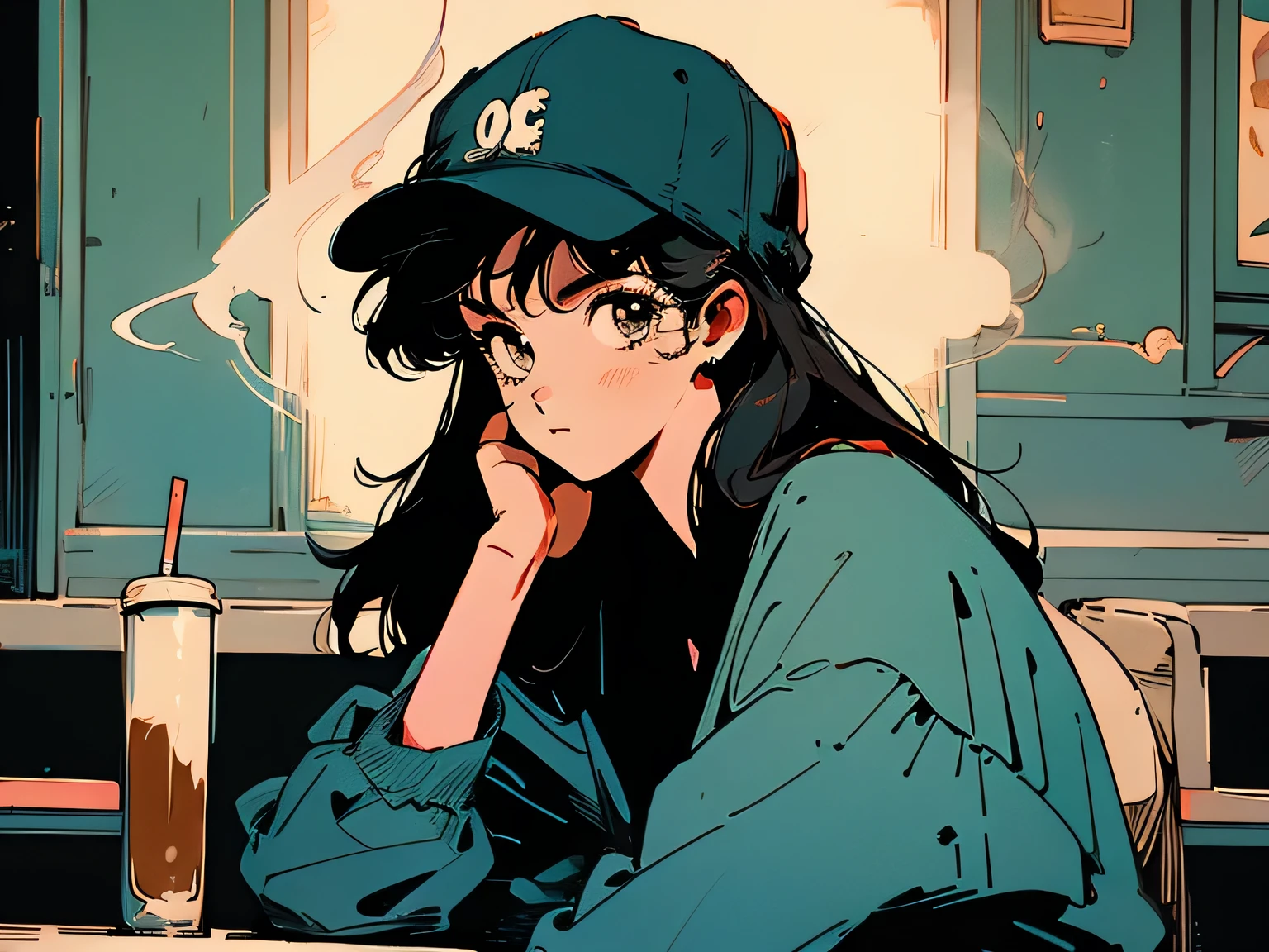 Retro anime feel、American casual attire、Beautiful woman with black hair、Cap is worn backwards、In an old coffee shop、Smoking a cigarette