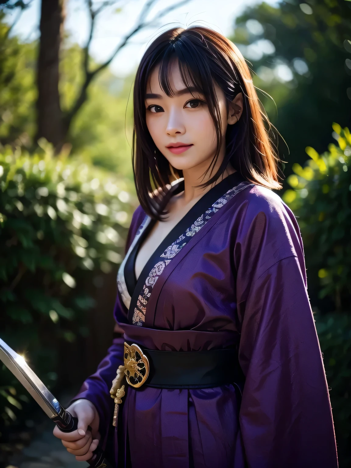 RAW photo, 8K portrait, authentic, masterpiece, best quality, official art, highly detailed, highly saturated, samurai girl, slim body, one girl, weapon, sword, medium bob, one hand holding sword, sword grip, arm guard, smiling looking at camera, brushing hair back, floating hair, beautiful 25 year old Japanese woman, pale skin, double eyelids, wearing black and purple ninja outfit, kimono, hanfu, combat, ninja silhouette, plump cleavage, action packed, forest background, intricate facial details, intricate handcrafted details