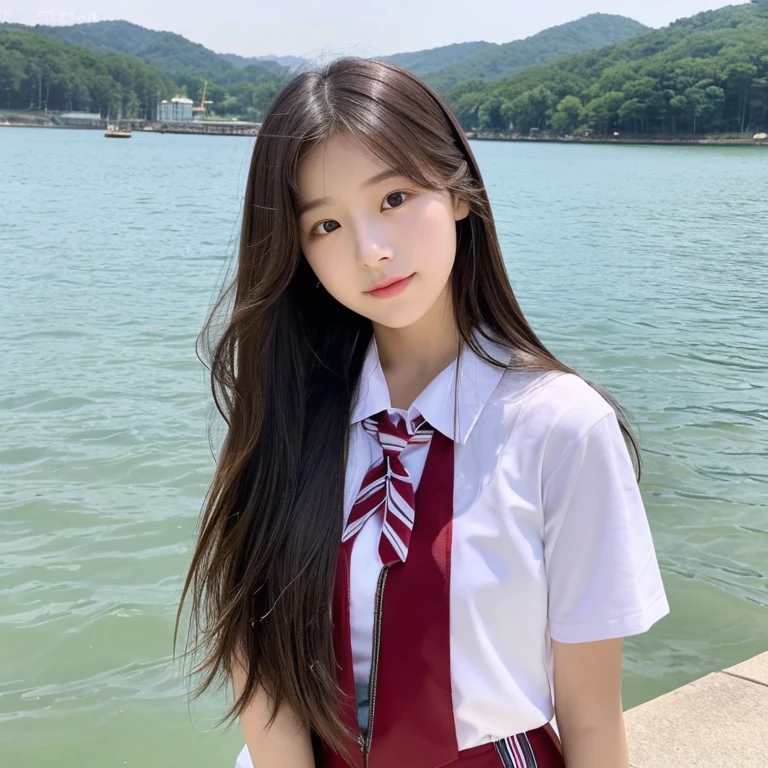 Long-haired Arafed woman standing in front of a body of water, Young and adorable Korean face, Young and pretty Asian face, Gorgeous Young Korean Woman, Beautiful young Korean woman, Jaeyoung Nam, 8K Selfie, Beautiful Korean Women, Long haired asian girl, Korean Girls, Choi Hong-hwa, Cute Korean Actresses,Make this girl cosplay as a high school girl