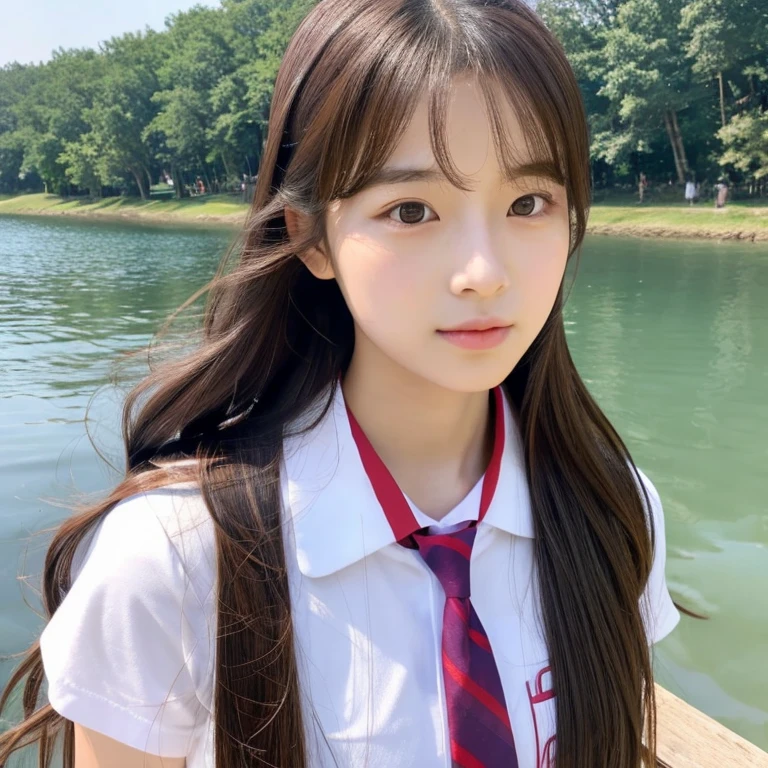 Long-haired Arafed woman standing in front of a body of water, Young and adorable Korean face, Young and pretty Asian face, Gorgeous Young Korean Woman, Beautiful young Korean woman, Jaeyoung Nam, 8K Selfie, Beautiful Korean Women, Long haired asian girl, Korean Girls, Choi Hong-hwa, Cute Korean Actresses,Make this girl cosplay as a high school girl