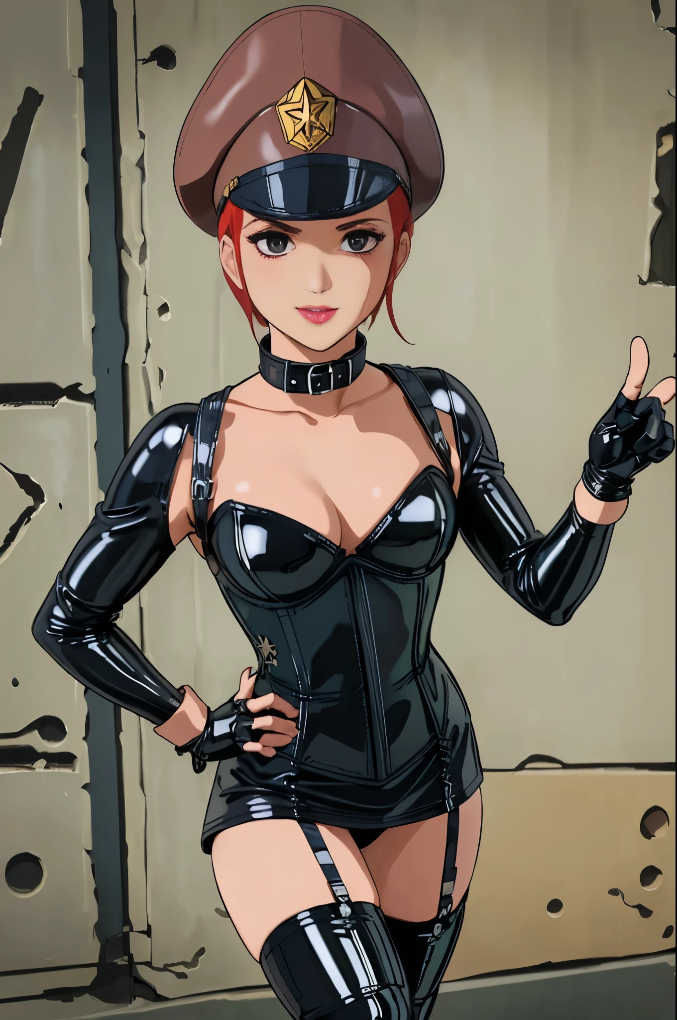 BDSM、Queen、mistress、One girl、solo、(((Long gloves covered to the fingertips in black latex:1.4 )))、(((Black latex corset dress:1.4)))、(((The corset dress is decorated with beautiful lace.)))、(((corset dress with shoulder straps)))、(((Black latex tight mini skirt:1.4)))、(((Black Thigh Boots)))、Stiletto heels、(((Black latex panties)))、(((Black latex bra)))、(((Black fishnet stockings)))、(((Black leather collar)))、(((Sexy pose)))、Wide-open legs、(((Erotic)))、(((Cowboy Shot)))、Masterpiece、High resolution 8K、high resolution、Masterpiece、Anatomically perfect body、Anatomically perfect limbs、Perfect Fingers、Red Hair、Berry Short、(((Black leather military cap)))、Wicked Smile、blush:1.2