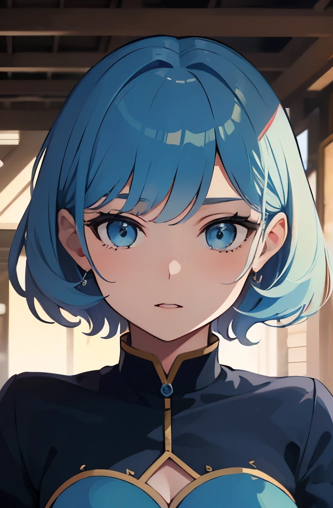 high res, highly detail, masterpiece, best quality, 35 year old girl, blue outfit, light blue hair, blue shirt, blue hot pants, village outfit, short hair
