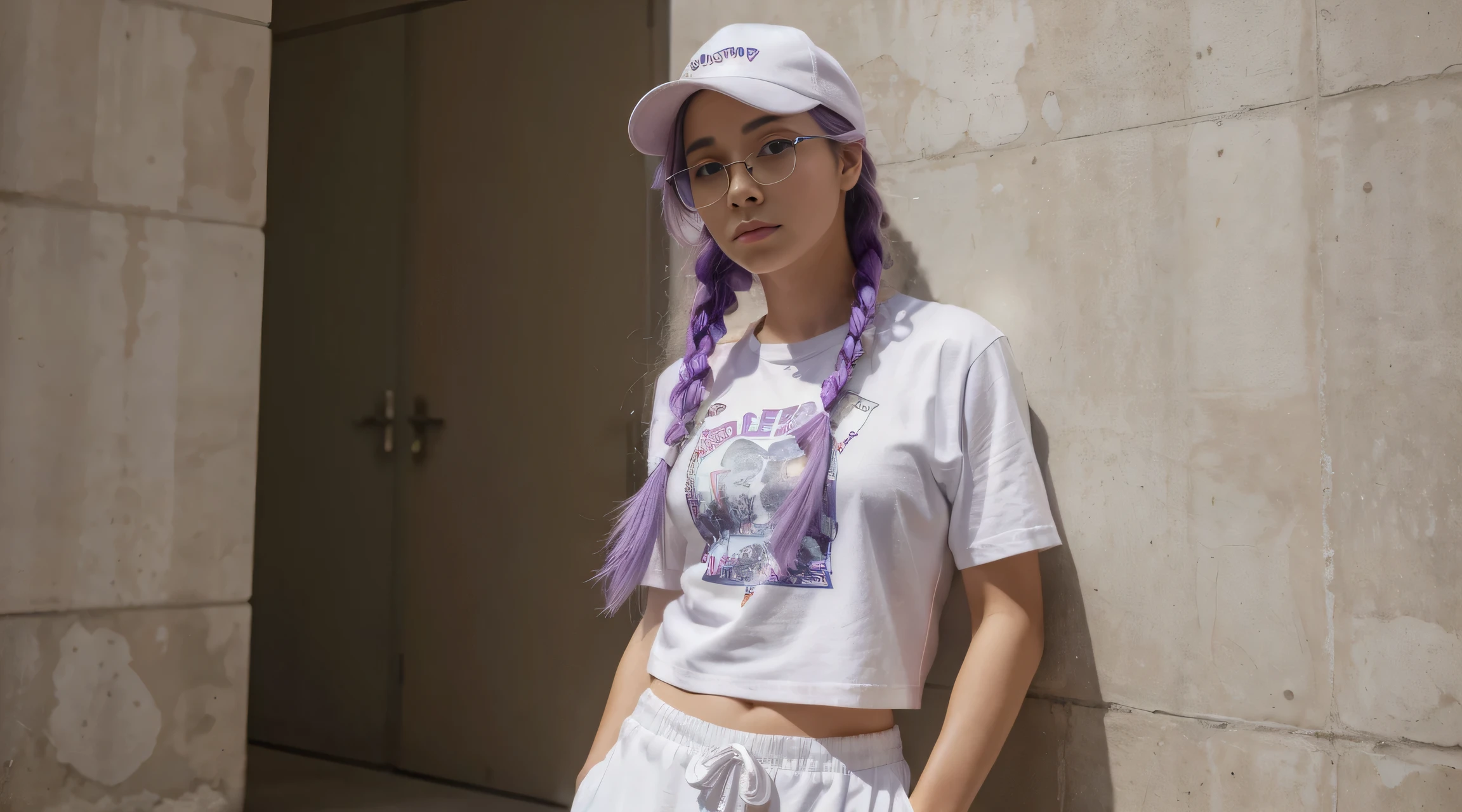(absurdres, 8k, 4k, masterpiece, hyper extreme detailed:1.2), solo, front view portrait, best quality, portrait, solo, adult, cowboyshot, perfect anatomy, 1girl, perfect face, expressive eyes, perfect eyes, t-shirt, standing up, standing against wall, standing, kyoko kirigiri, (braid:1.1), hair behind ear, long hair, (side braid:1.1), light purple hair, hair ribbon, ribbon, (purple eyes:1.1), graphic t-shirt, streetwear, sweatpants, baseball cap, jacket, glasses full body, dynamic pose, forward view, looking at viewer, stoic, uninterested,, concept art inspired by Ralph Earl, featured on reddit, renaissance, white pants, wearing white clothes, man in white t - shirt, all white, wearing pants and a t-shirt, dressed in a white t-shirt, dressed in a white t shirt, white clothes, dinamic composition