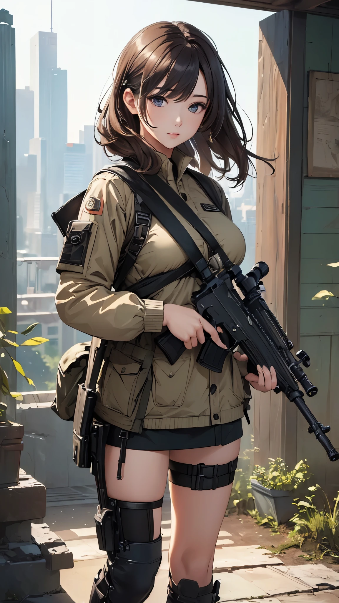 (((masterpiece))),(((High resolution)))、(((8K quality)))、(((perfect face)))、(((woman having the rifle))), ((panty)), look at the camera, ((top quality eyes)), ((detailed texture))
